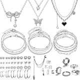 47pcs Gold Jewelry Set With 3 PCS Necklace&comma; 11 PCS Bracelet&comma;20pcs Hoop Stud Earrings&comma;7pcs rings set For Women For Birthday Gifts