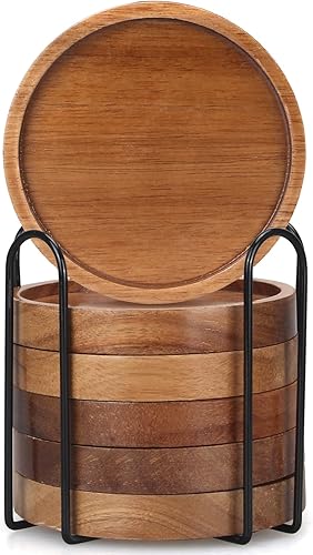 Miniatura 5 de Juego de 6 posavasos de madera con soporte, decoración de mesa de café, juego de posavasos de madera de acacia, posavasos modernos para bebidas,