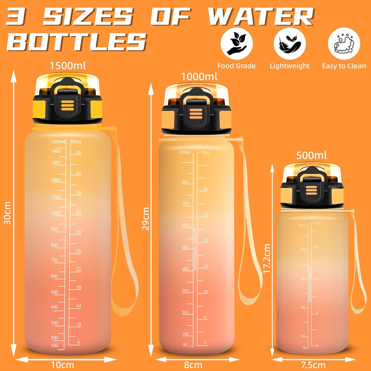 Grsta Drinking Bottle 1 Litre, Sports Water Bottle with Straw, Easy to Clean, Leak-Proof Drinking Bottle, with Motivational Slogans, Motivational Water Bottle for Hiking, Camping