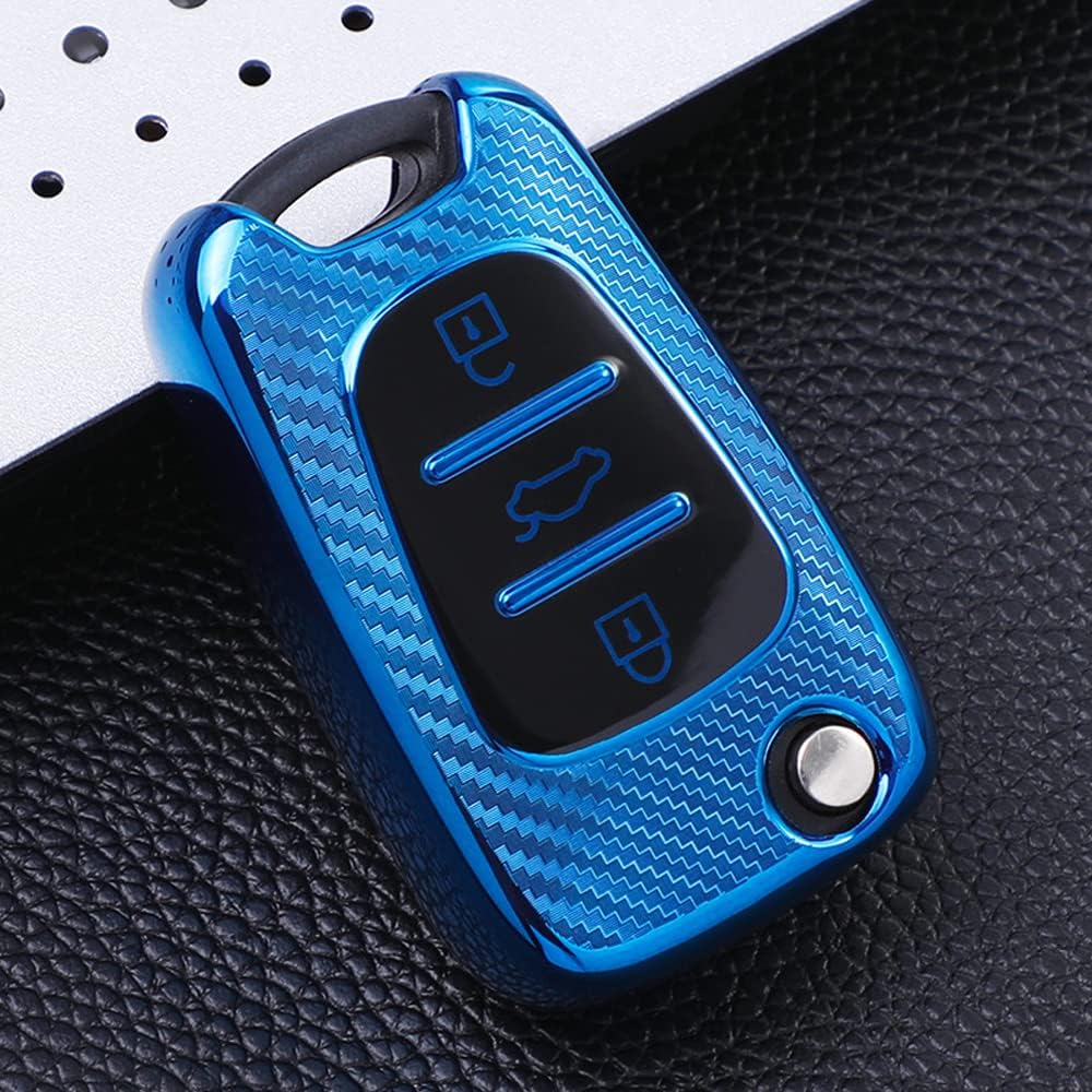 HIBEYO TPU Carbon Fiber Texture Car Key Fob Cover with Keychain fits for Hyundai Ix35 Elantra Accent Sportage Rio Soul Sorento Jacket Smart Remote Car Key Holder 3 Button Blue