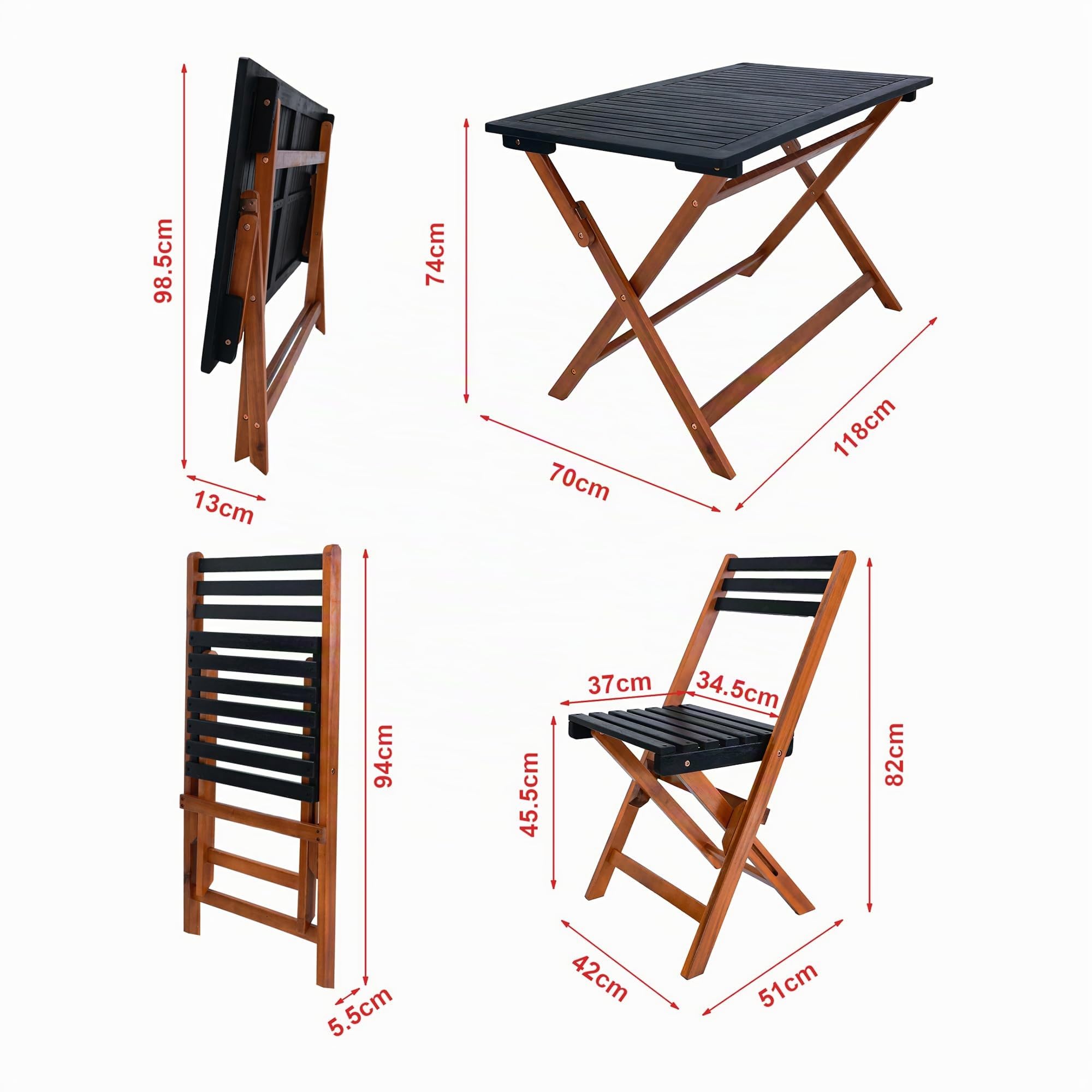 [en.casa] Set da Pranzo per Esterno in Legno di Acacia Oliato Tavolo con Piano Rettangolare e 4 Sedie Mobili Pieghevoli da Giardino Patio Terrazza