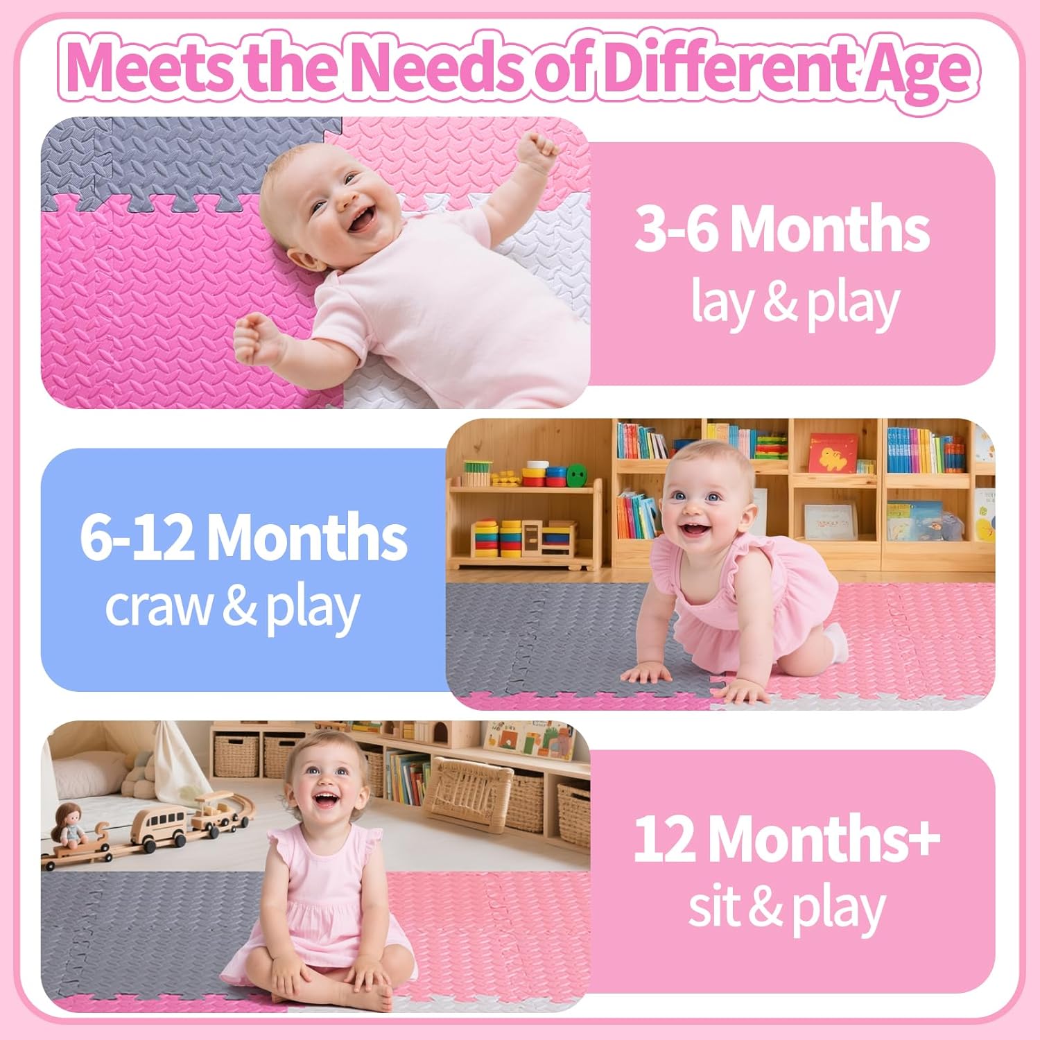 Coolcandy Baby Foam Play Mat 16Pcs with Edge Strips, 4 Colors Interlocking Floor Tiles, 0.4″ Thickened Non-Slip Puzzle Floor Mat for Infants Toddlers Playroom & Daycare