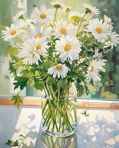 Tucocoo White Daisy - Pintura por números para adultos, flores blancas con hojas verdes en jarrón, kits de pintura al óleo, lienzo con pintura