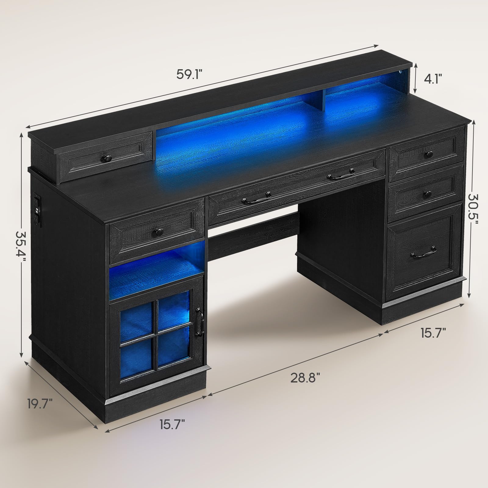 HAUOMS Farmhouse Executive Desk with Drawers Computer Desk with File Drawers, Power Outlet and Led Lights, Executive Office Desk with Storage Cabinet and Monitor Shelf for Home Office, Black