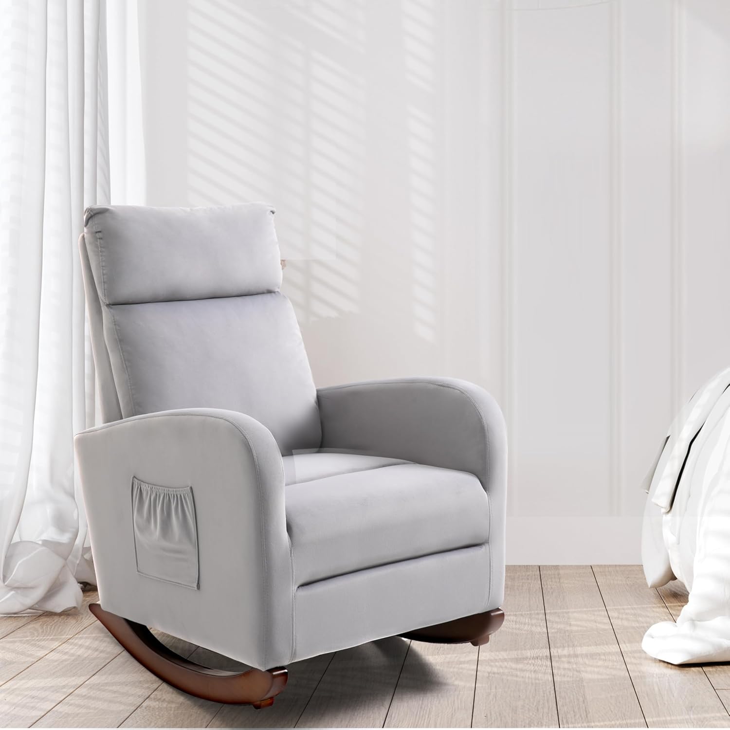 Nusery Rocking Chair, Upholstered Glider Rocker with Solid Base, Modern Glider Chair with 2 Side Pockets, High Back Armchair for Living Room, Bedroom & Nusery, Grey