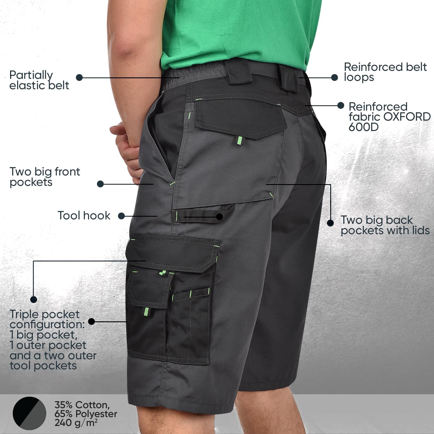 BWOLF Brave Short de Travail pour Homme avec Poches Latérales Multifonctionnelles, Poches arrière Renforcé en Polyester 600D