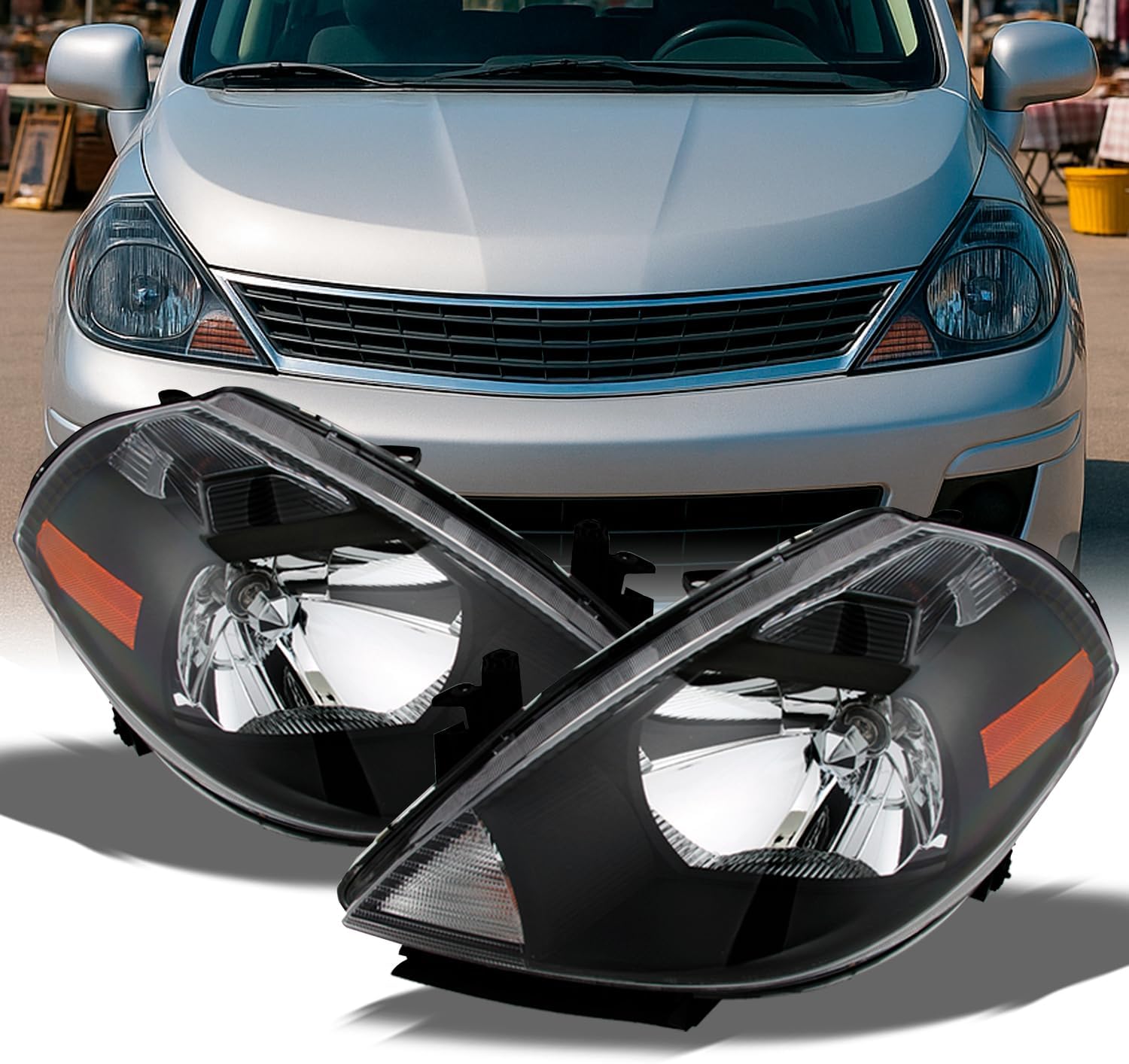 AKKON - For 2007-2012 Nissan Versa Amber Black Bezel OE Replacement Headlights Driver/Passenger Head Lamps Pair