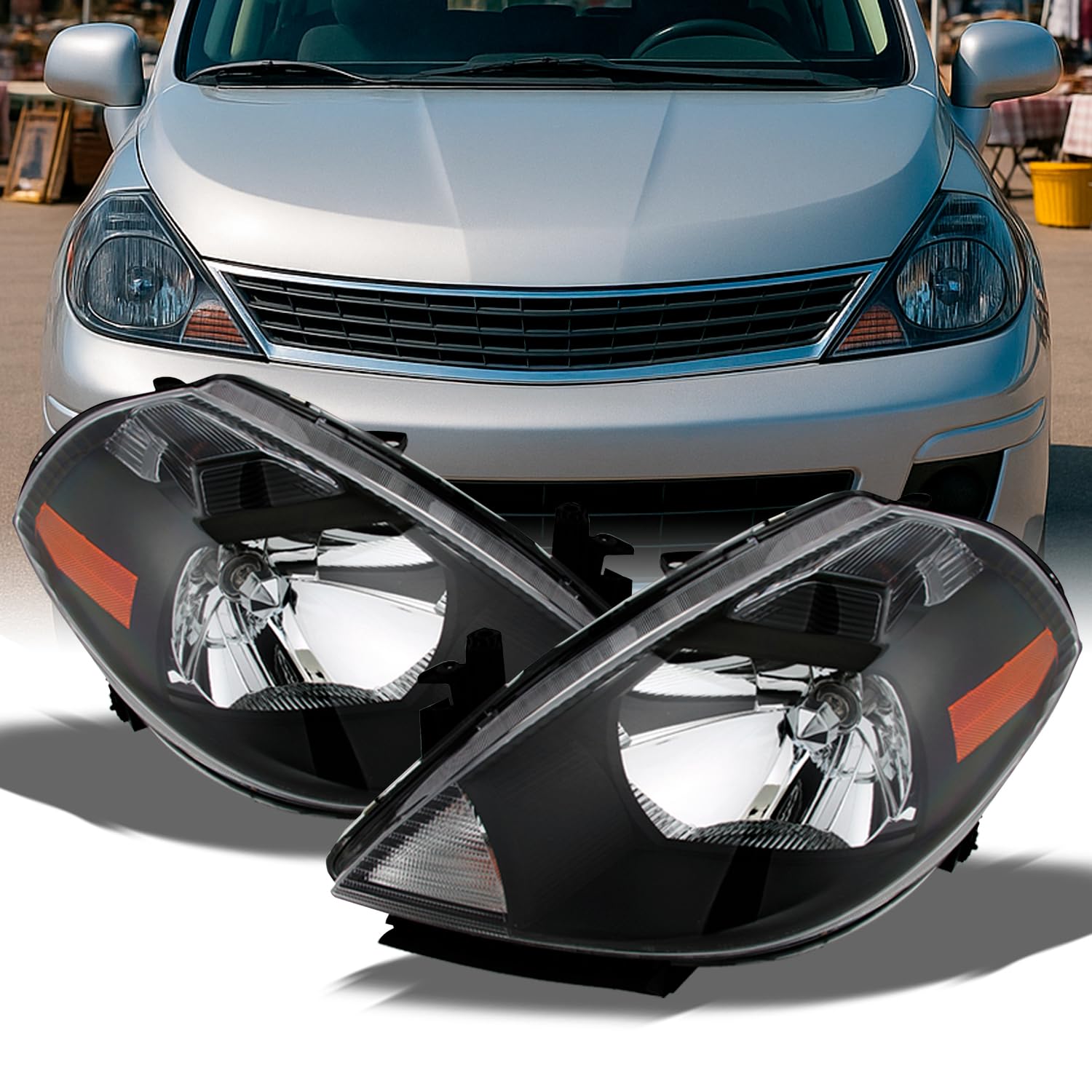 AKKON - For 2007-2012 Nissan Versa Amber Black Bezel OE Replacement Headlights Driver/Passenger Head Lamps Pair