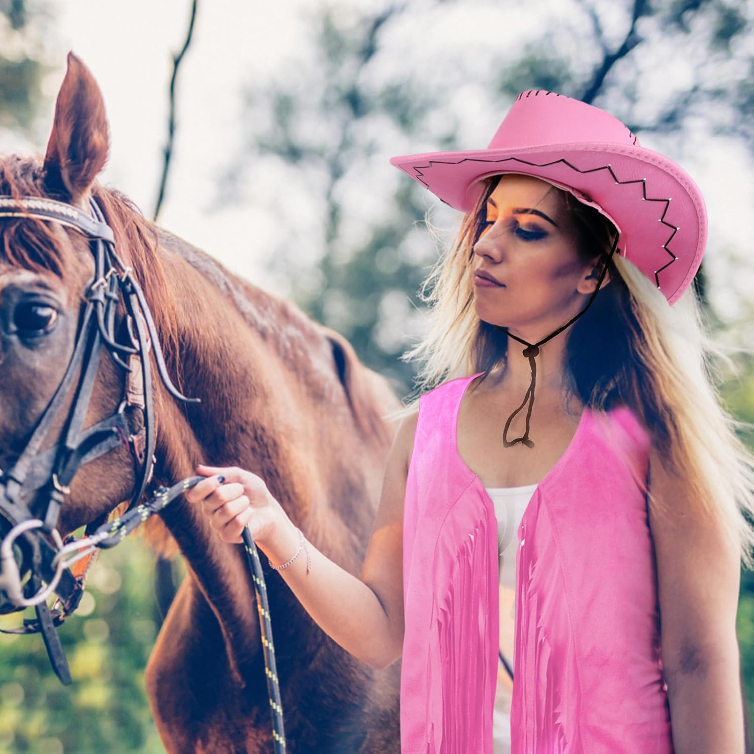 Cowgirl Outfits for Women 60s 70s Hippie Sleeveless Fringe Vest with Cowboy Hat and Sunglasses Halloween Costumes - Image 6