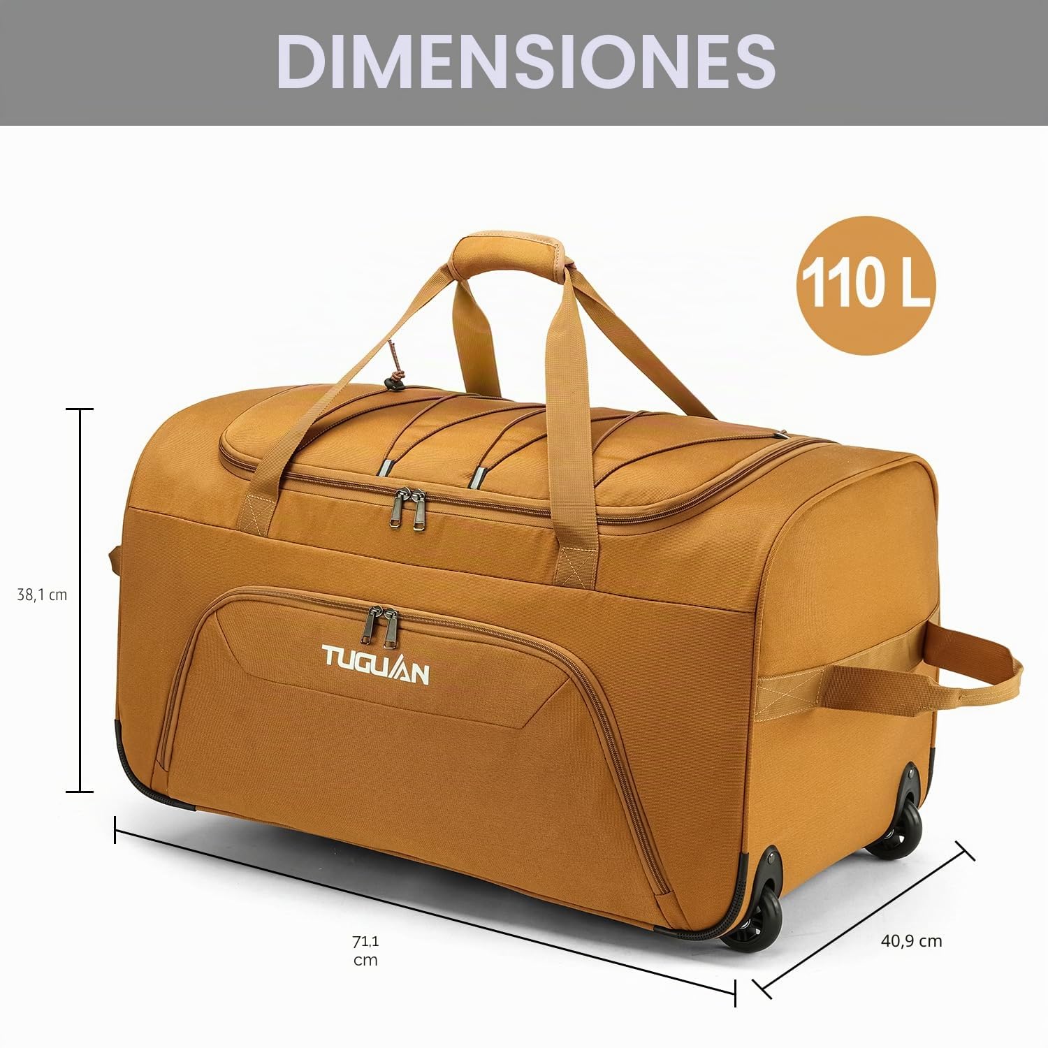 TUGUAN Bolsa de Viaje Plegable con Ruedas Grande 110L Bolsas de Equipo Deporte con Ruedas XL 28'' para Futbol Baloncesto Maletas de Viajes Camping Duffle Bag, Marrón
