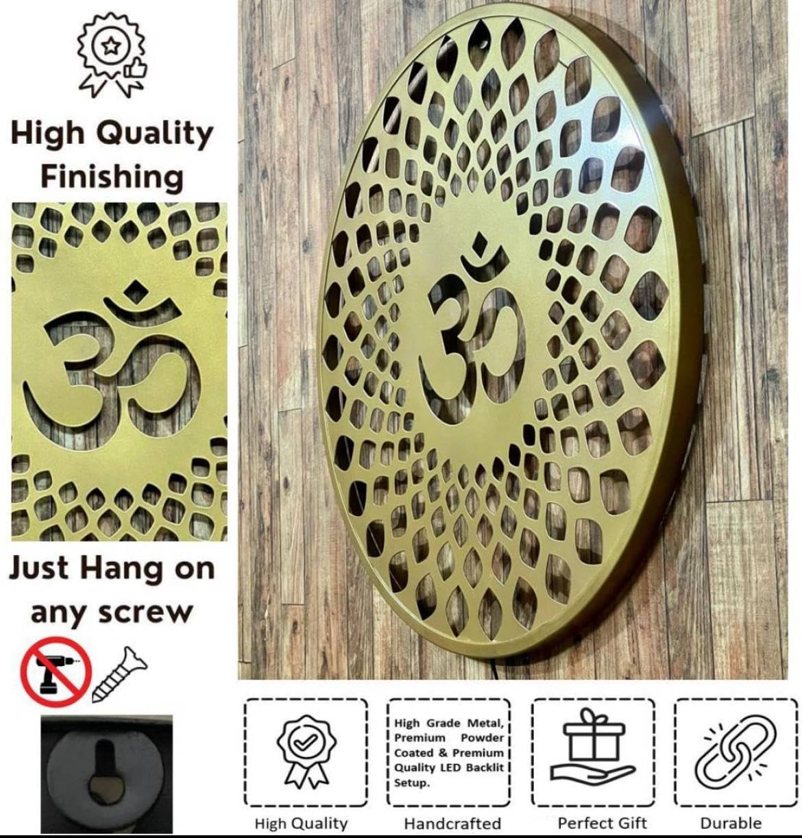 M.K Handicraft OM Metal Wall Art For Temple, Living Room, Office, Hotel, Home Decor Items, Gift Item, Mandala Wall Hanging For House Decor (18 Inches, LED Backlite,Gold) 2