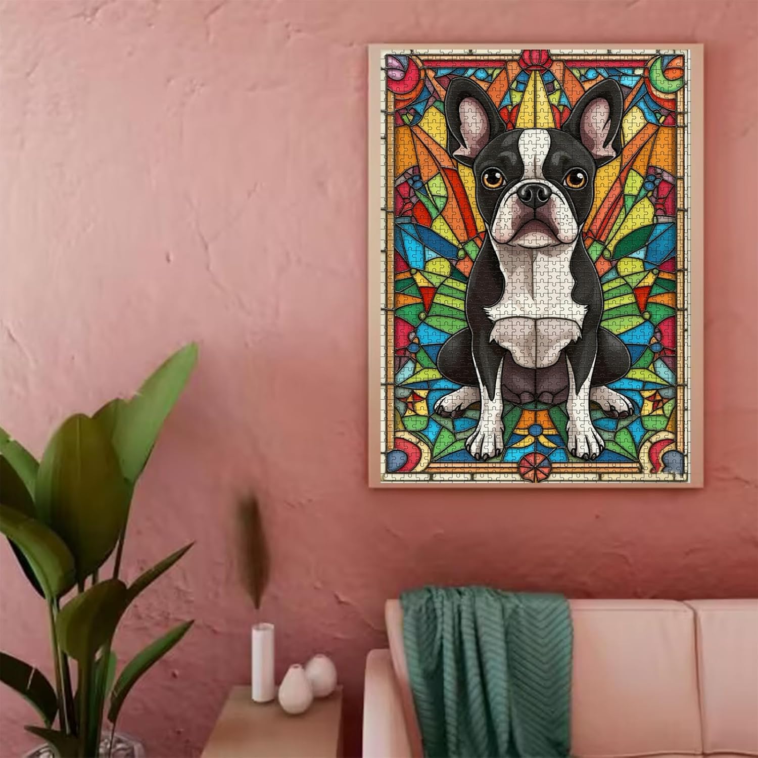 Puzzles for Adults 1000 Pieces Stained Glass Boston Terrier Dogs Jigsaw Puzzles for Adult Toy Game Gift 19.69x27.56in