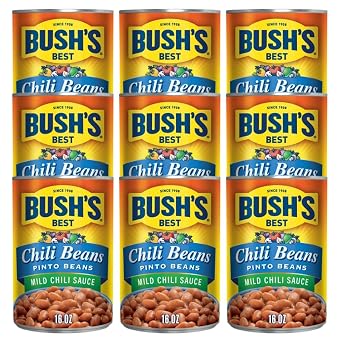Bushs Best Chili Beans, Mild Pinto Beans in Chili Sauce for Tacos, Nachos, Soups and Easy One Pot Meals, Seasoned Pinto Beans, 16 Ounce Pack of 9