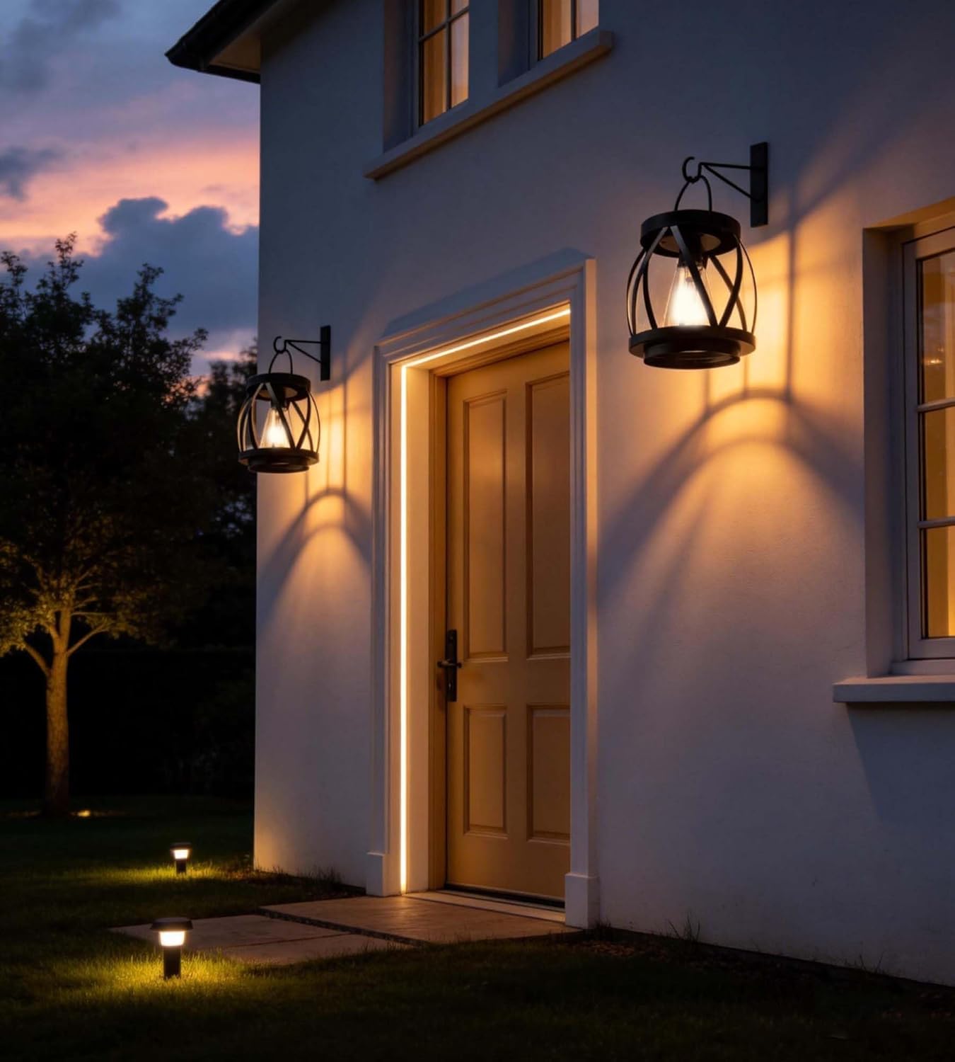 Solar Hanging Lantern Outdoor Waterproof, 2 Pack Cordless Solar Wall Lights with Hooks, No Wiring Wall Sconce for Patio, Porch, Balcony, Garden, Entrance Door, Camping Decor.