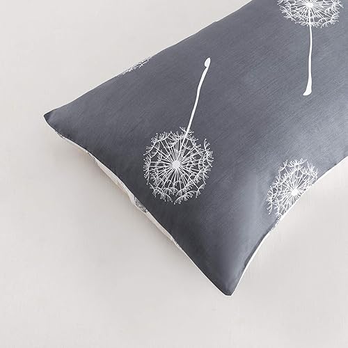 Miniatura 5 de YuHeGuoJi Juego de 2 fundas de almohada 100 % algodón, estampado floral de diente de león, color gris, blanco, con cierre de sobre, calidad de