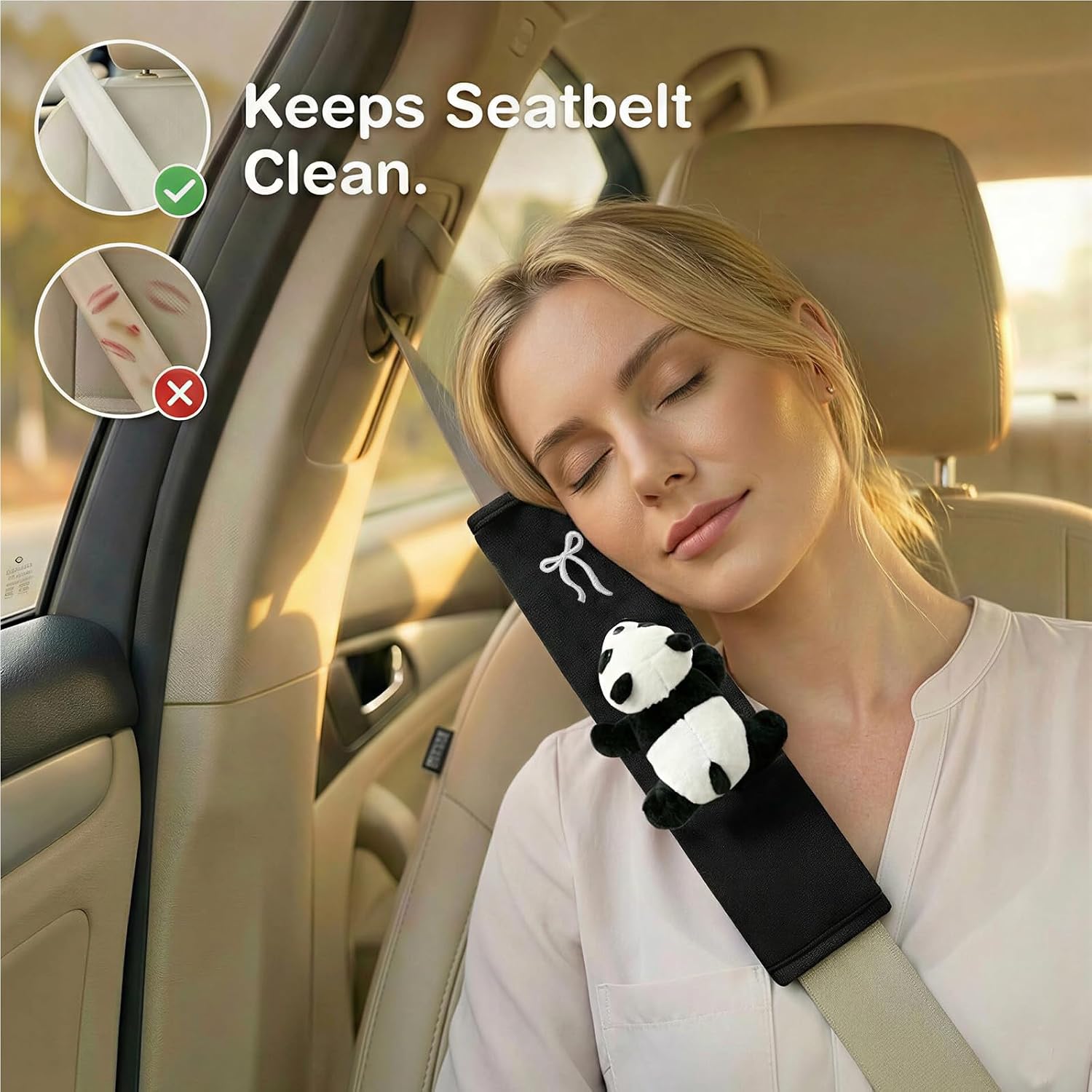 2Pcs Panda Car Belt Cover, Cute Animal Safety Plush Seat Belt Decor for Neck Protector, Non-Fade and Medium Thickness Cover for Family - 9.8 Inch (Lying Down Panda)