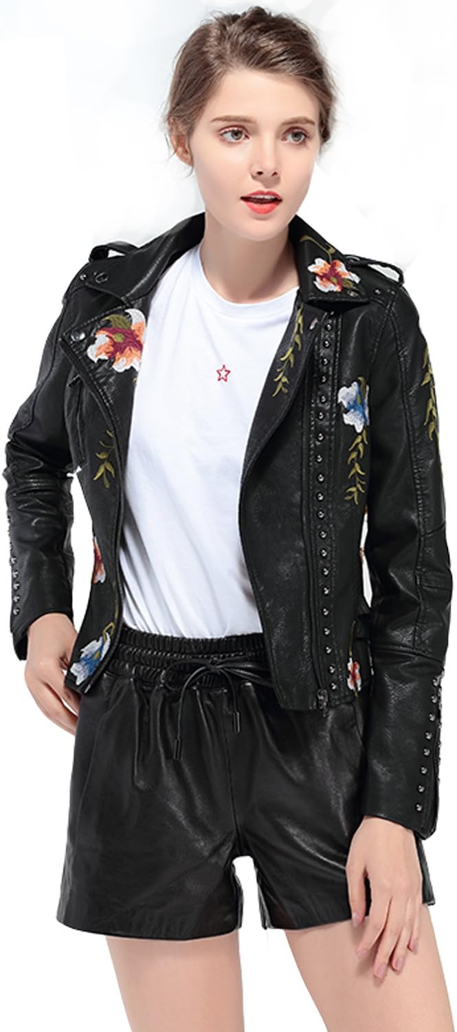 LY VAREY LIN Women's Floral Embroidered Faux Leather Moto PU Jacket Coat - Image 2