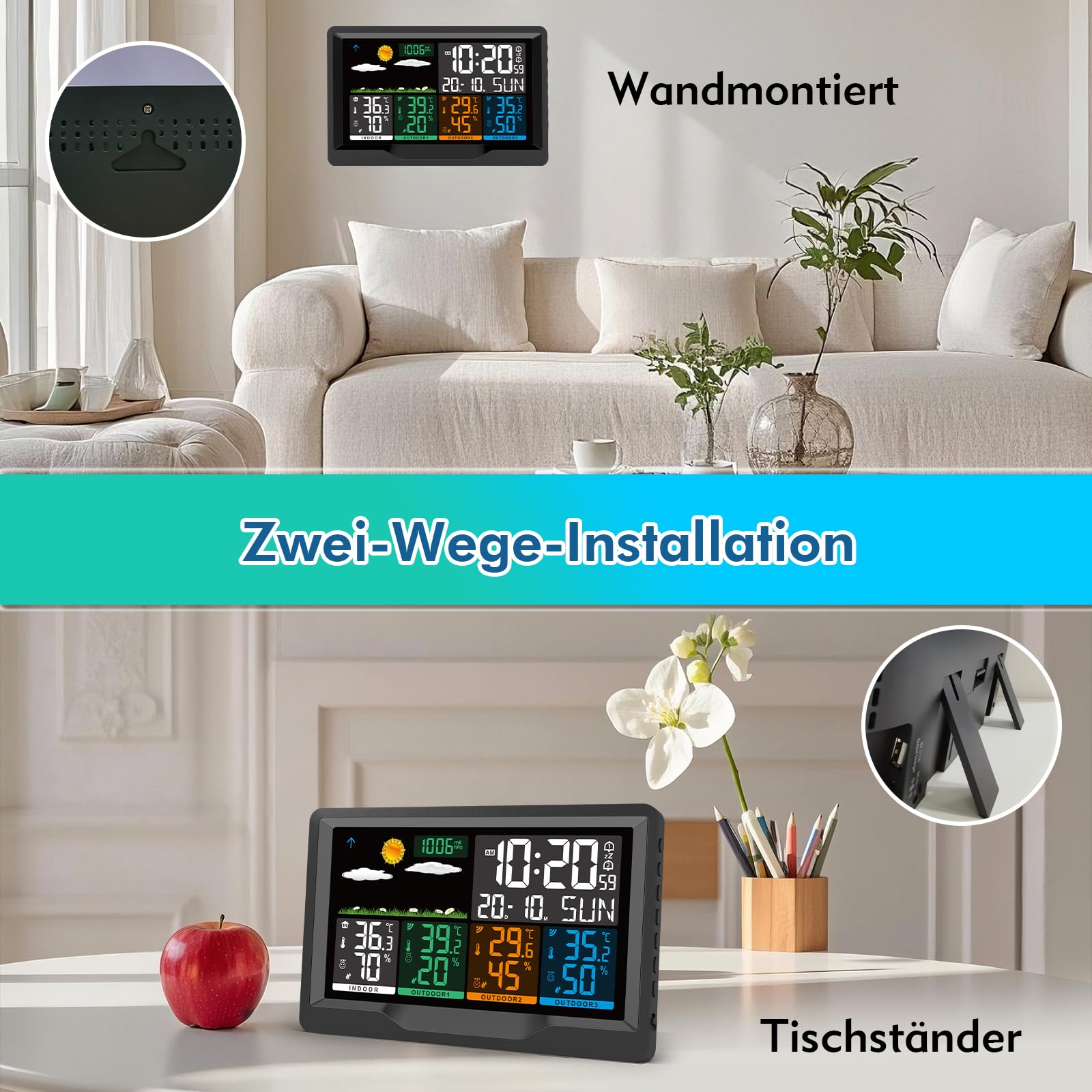 Wetterstation Funk mit Außensensor, Wetterstation Funk mit 3 Außensensor, 7,5" VA-Farbdisplay Funkwetterstation mit DCF Funkuhr, Innen- & Außentemperatur, Luftfeuchtigkeit, Wettervorhersaget für Hau