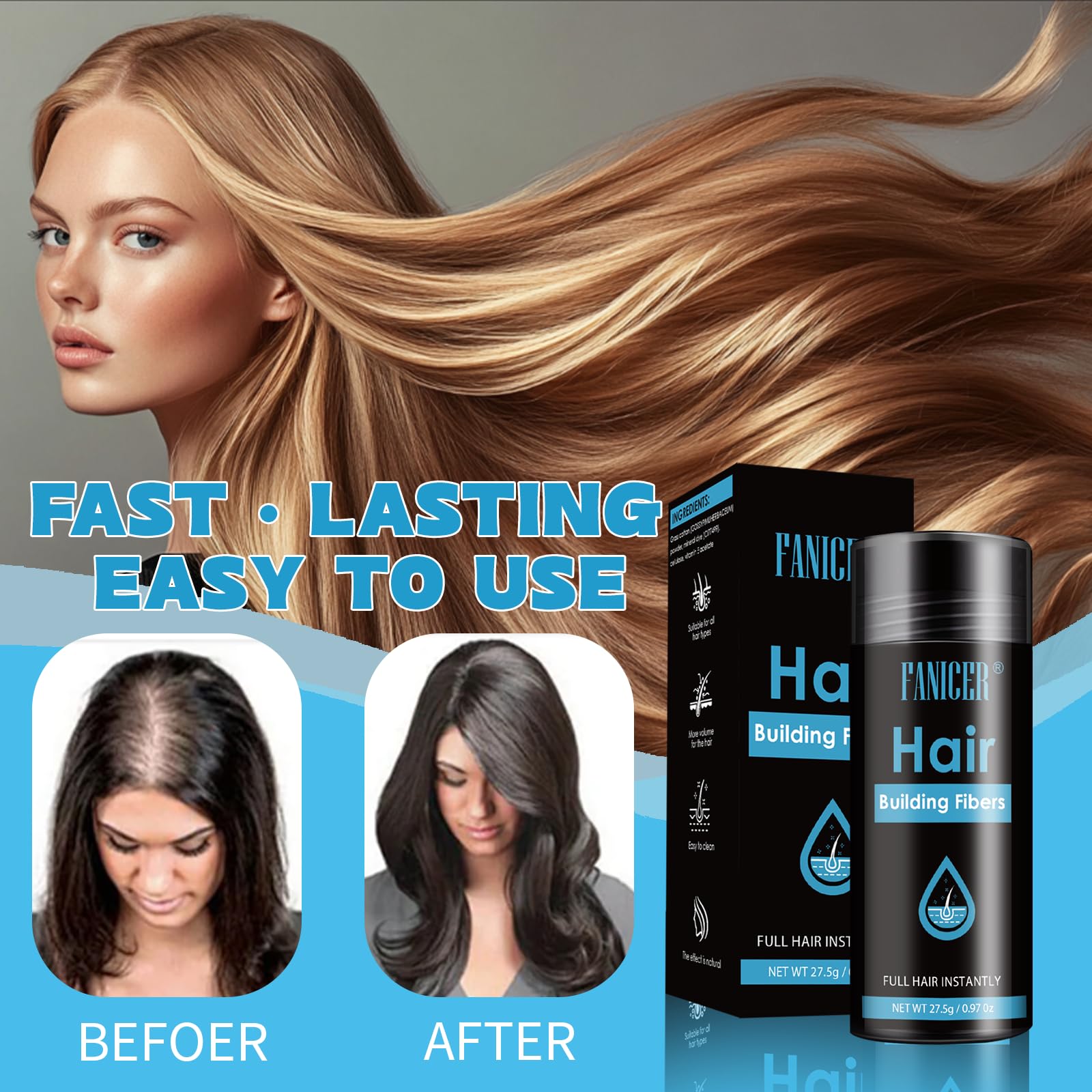 Polvere Fibre Capelli, Polvere Capelli Ugello, polvere volumizzante capelli Uomo e Donna, Aggiunge volume Immediato(Nero)