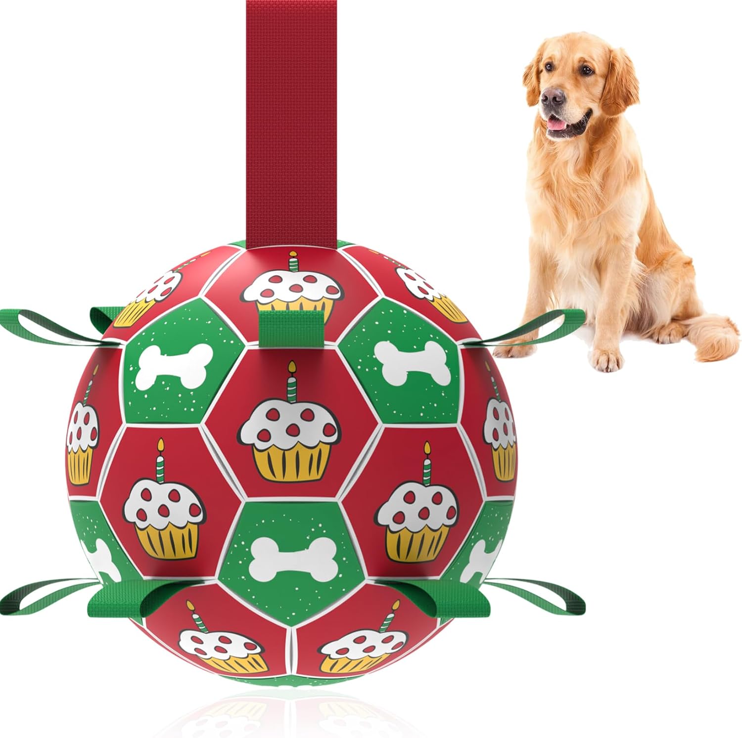 Interactive Outdoor Dog Soccer Ball Toys with Straps, 6″ Dog Birthday Tug of War Balls Toy for Dogs, Durable Puppy Toys to Keep Them Busy for Small & Medium Dogs