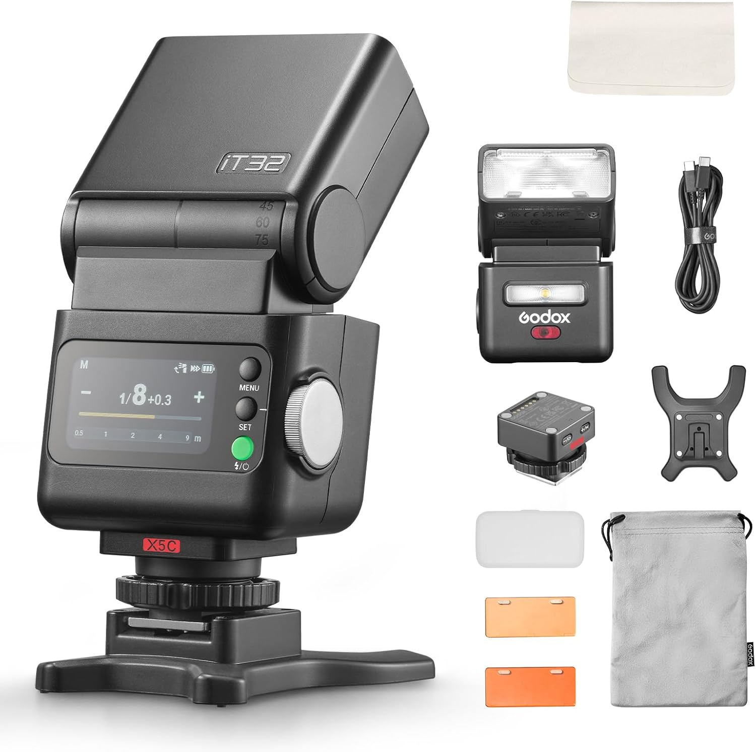 Godox iT32 Flash Speedlite with X5C Trigger for Canon Cameras, Detachable Magnetic Hotshoe/Trigger, 2.4G TTL HSS, USB C Charge & Built-in Battery, LED Modeling Light, Touch Screen Flash Speedlight