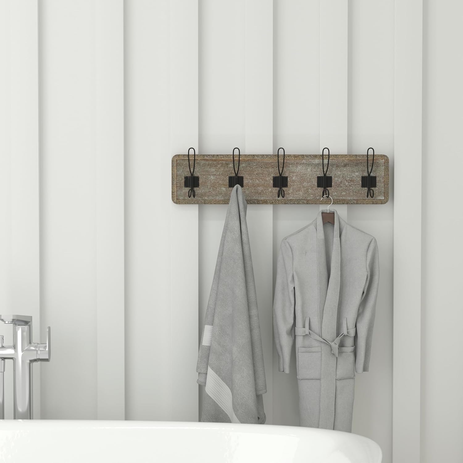 Flash Furniture Daly Wall Mounted Storage Rack - Weathered Solid Pine Wood - 24 Inch - 5 Hanging Hooks - For Entryway, Kitchen, Bathroom
