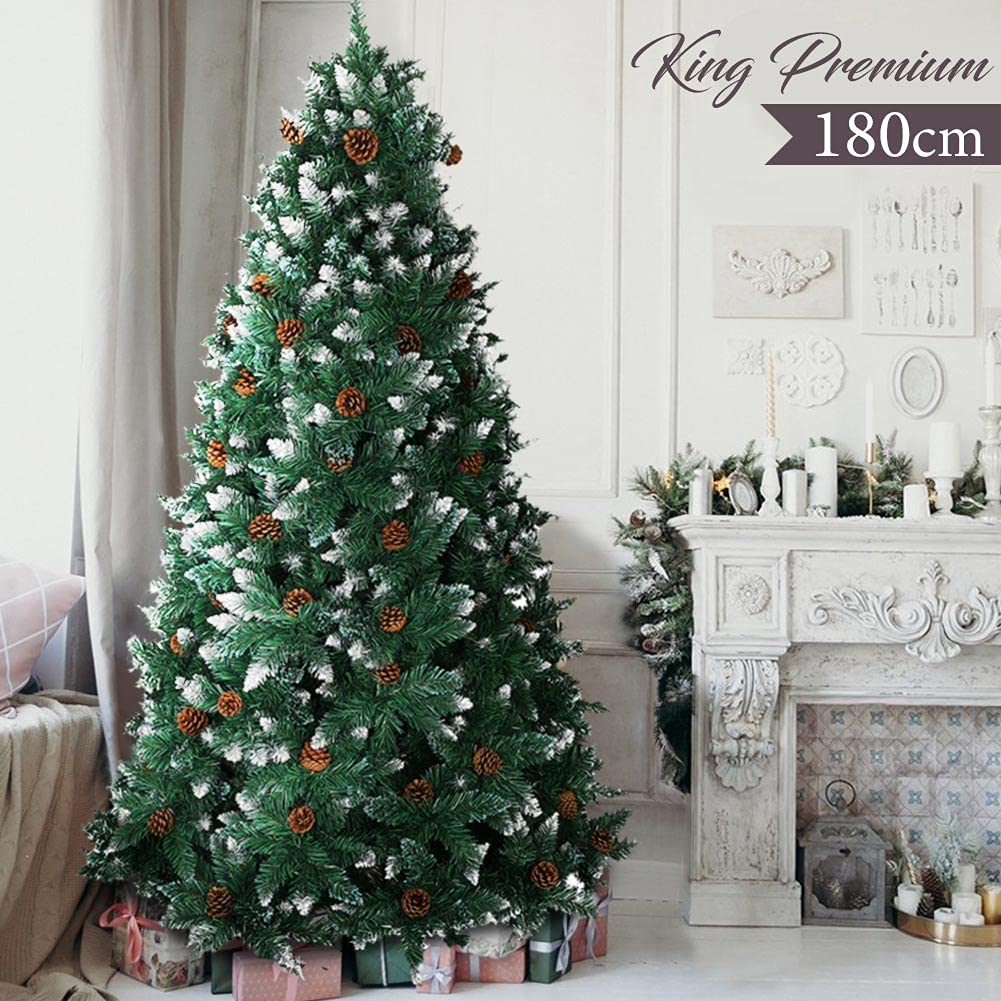 Bakaji King Premium Sapin de Noël touffu, pin Artificiel enneigé avec Pommes de pin, Blanc Naturel, Pointes recouvertes de Neige, matériau PVC,Base en Croix, Hauteur 180 cm, 800 Branches