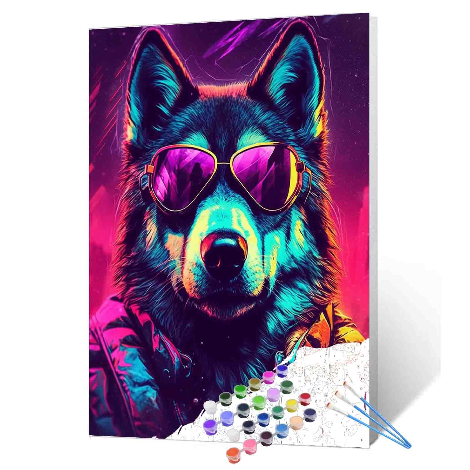 Paint by Number Kits Graffiti Wolf Oil Painting for Adult Beginner with Brushes and Acrylic Cool Animal Wearing Sunglass 16 x 20 inch Canvas DIY