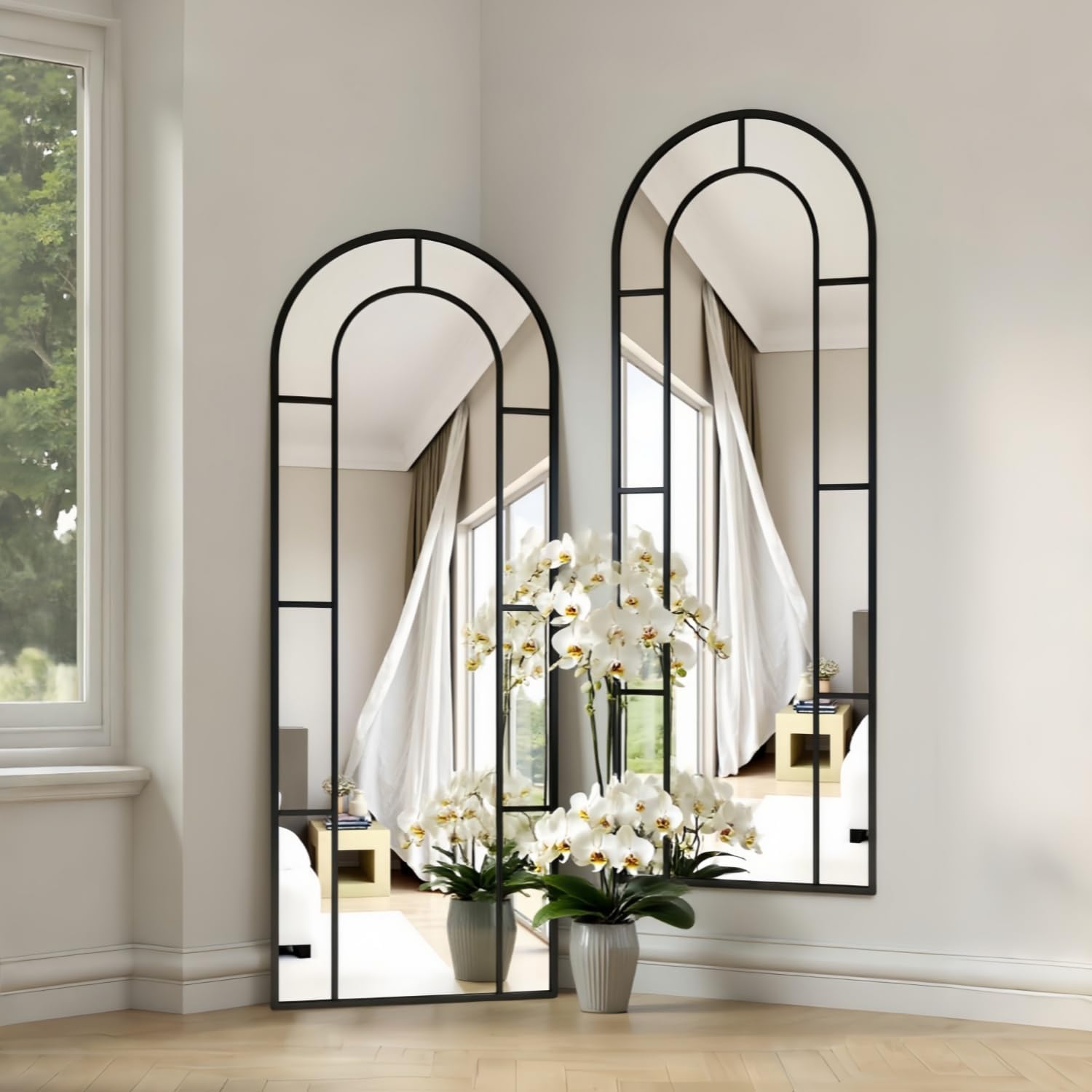 Full Length Mirror, 56"x22" Arched Window Pane Mirrors for Wall Decor, Black Full Body or Wall Mounted Mirrors, Farmhouse Standing Mirror Hanging or Leaning for Living Room, Entryway, No Stand