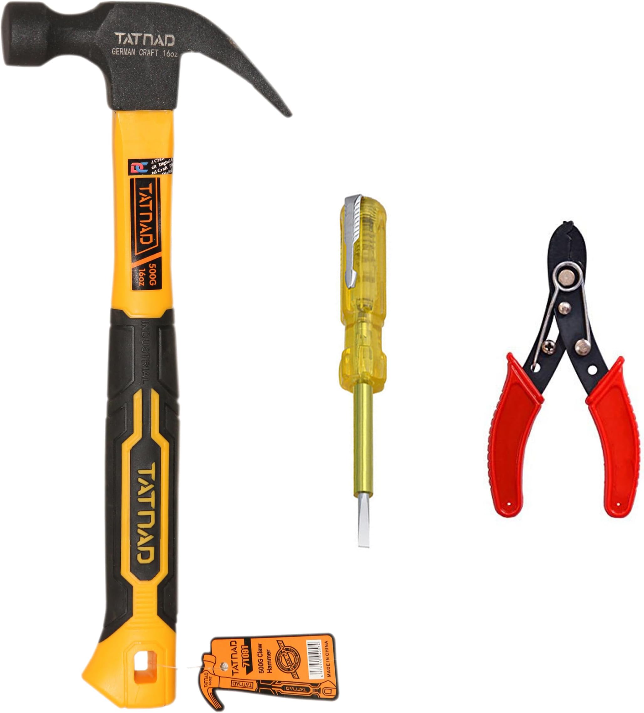Digital Craft 3-Piece Electrical Tool Set – 500G Claw Hammer with Fiberglass Handle, Line Tester & Wire Stripper – Home & Electrical Repair Hand Tool Kit