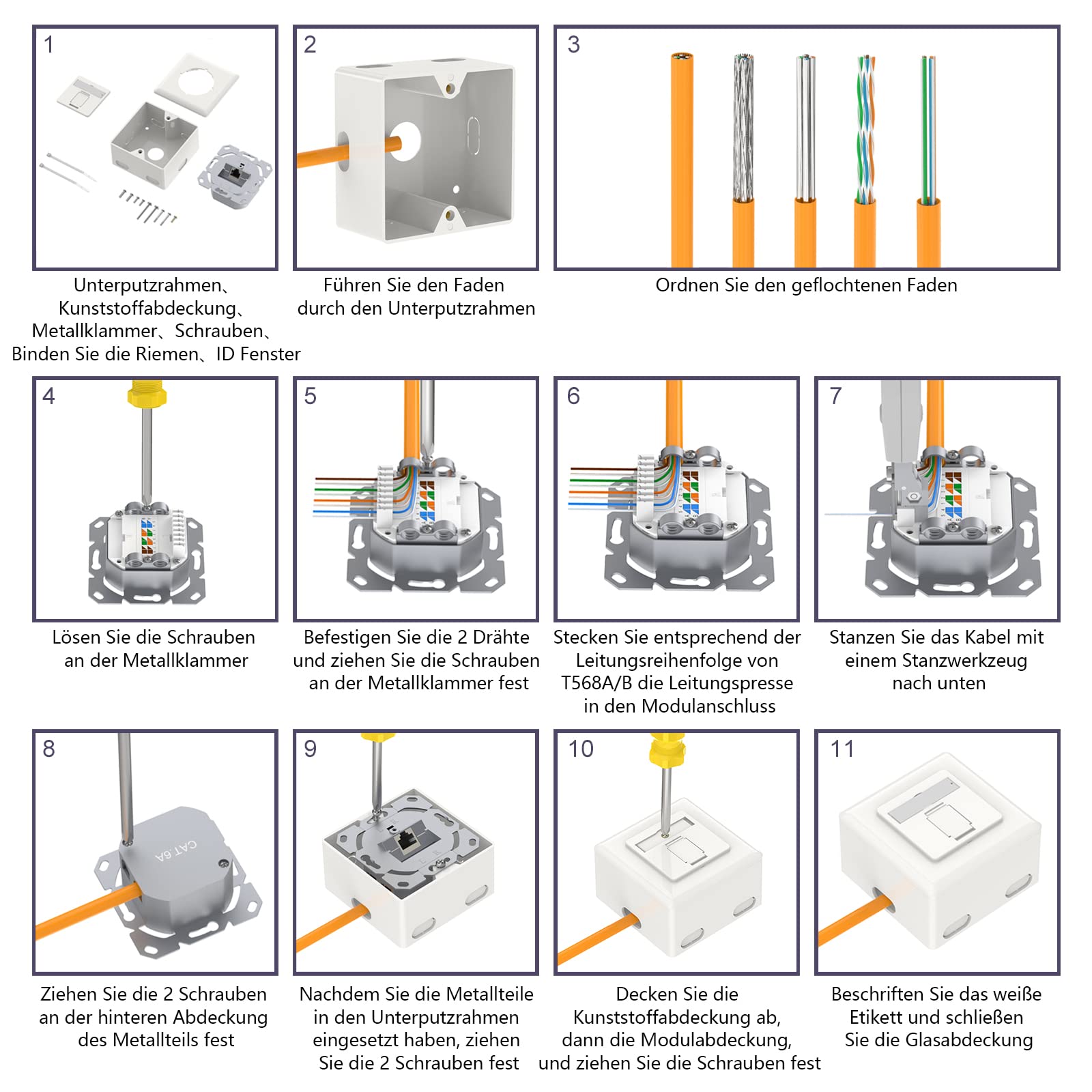VCELINK Netzwerk Werkzeug Set mit RJ45 Crimpzange, 20 x RJ45 Stecker Cat7/Cat6a Pass Through, Netzwerktester, LSA & Abisolierzange, Stofftasche sowie 1 Stück CAT6A Netzwerkdose mit 1 RJ45 Ports