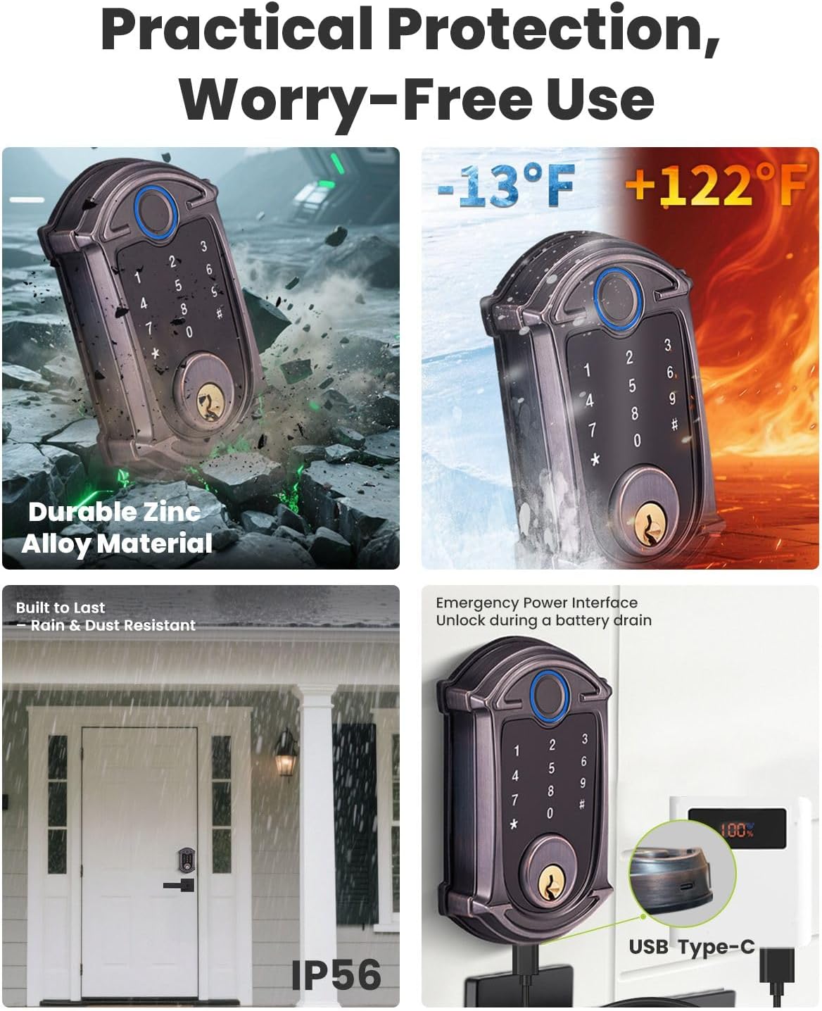 Keyless-Entry Deadbolt Smart Lock with Handle Set Waterproof IP56 Digital Exterior Locks for Front Door, WiFi Smartphone Control Fingerprint Door Lock with Keypad and Key Fob,Venetian Bronze