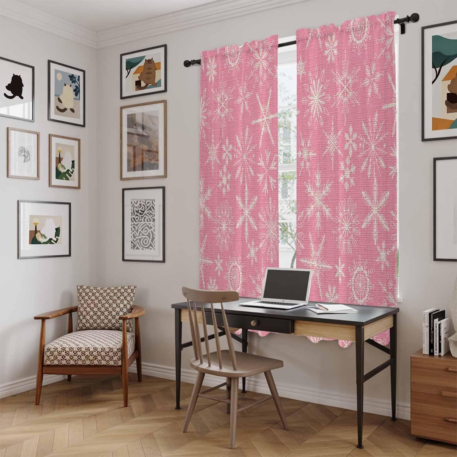 Pink Christmas Window Curtains 72 Inch Long 2 Panel Set, Rod Pocket Long Curtains & Drapes, Farmhouse Winter Xmas Beige Snowflakes Light Filtering Window Treatment for Bedroom Living Room 52"W x 72"L