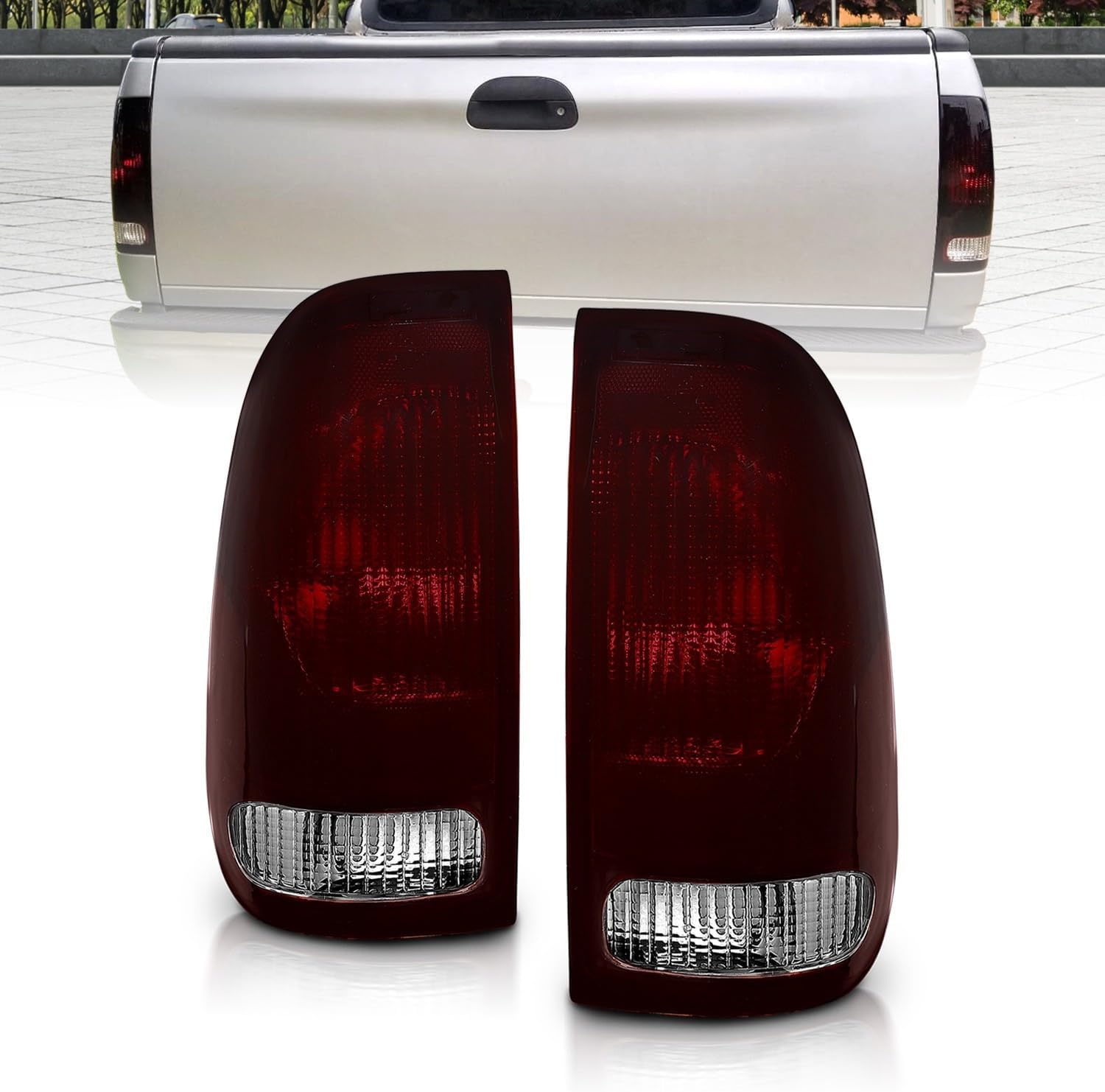 AmeriLite Smoke Red Tail Lights for 1997-2003 Ford F-150 & 1999-2007 F-250/350 Super Duty Styleside - DOT OE Pair