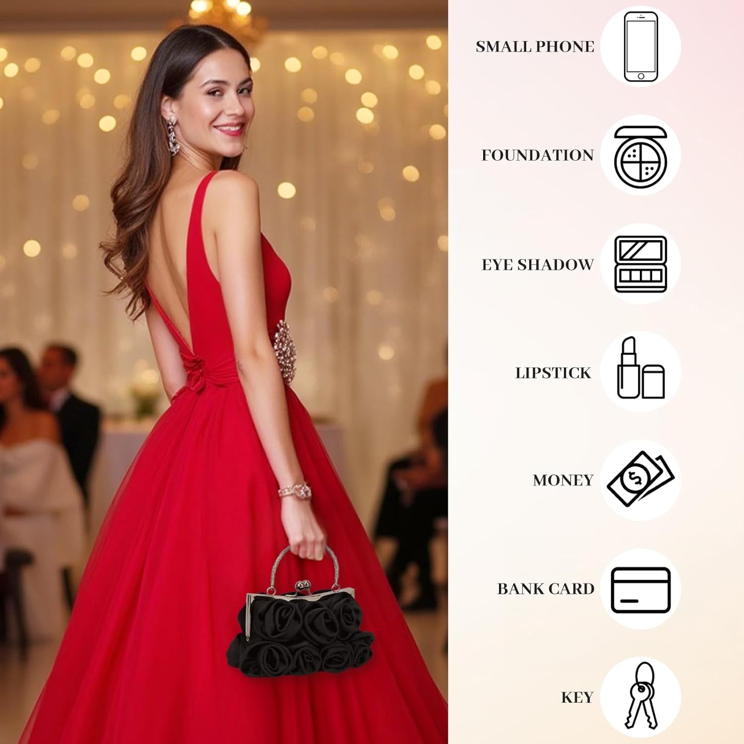 kilofly Rose Clutch Evening Purse Satin Small Bag with Detachable Strap Money Clip - Image 7