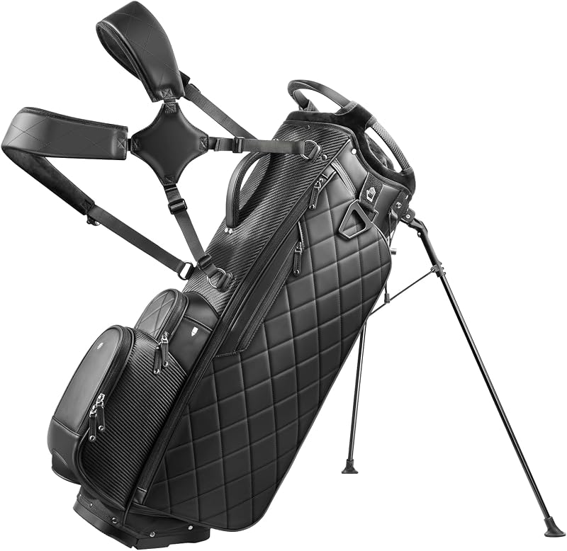 14 Way Golf Stand Bag, PU Leather Golf Bag Full-Length Dividers, Velvet-Lined for Men/Women, Lightweight Waterproof Carry Bag with Adjustable Dual Straps and Rain Hood