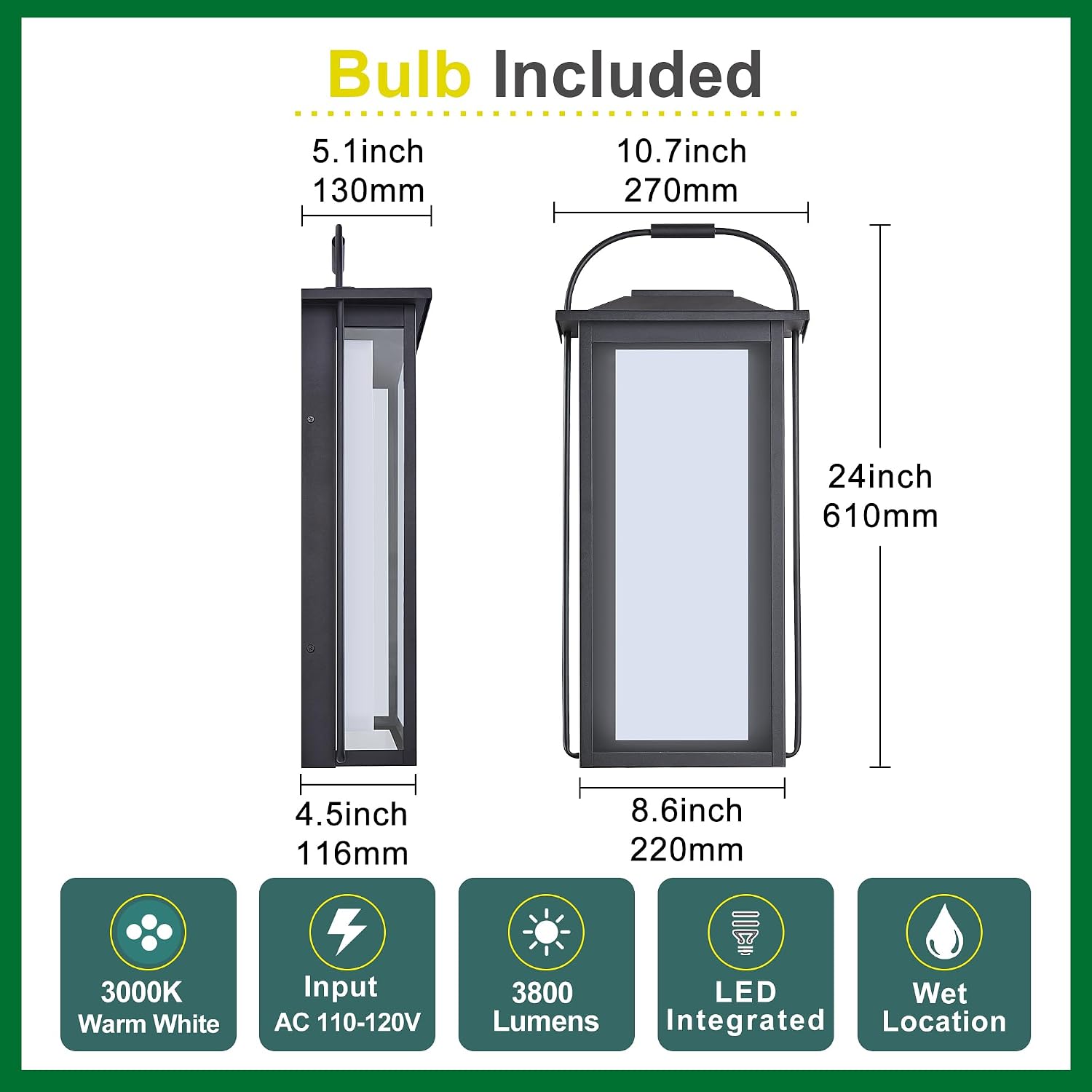 Tarentlight 24" Ht Modern Oversized Outdoor Super Bright Wall Sconce with Built-in 2x20W LED Covered by Milky White Acrylic and Clear Glass, Suitable for Big House, Extra High Walls and Gates.