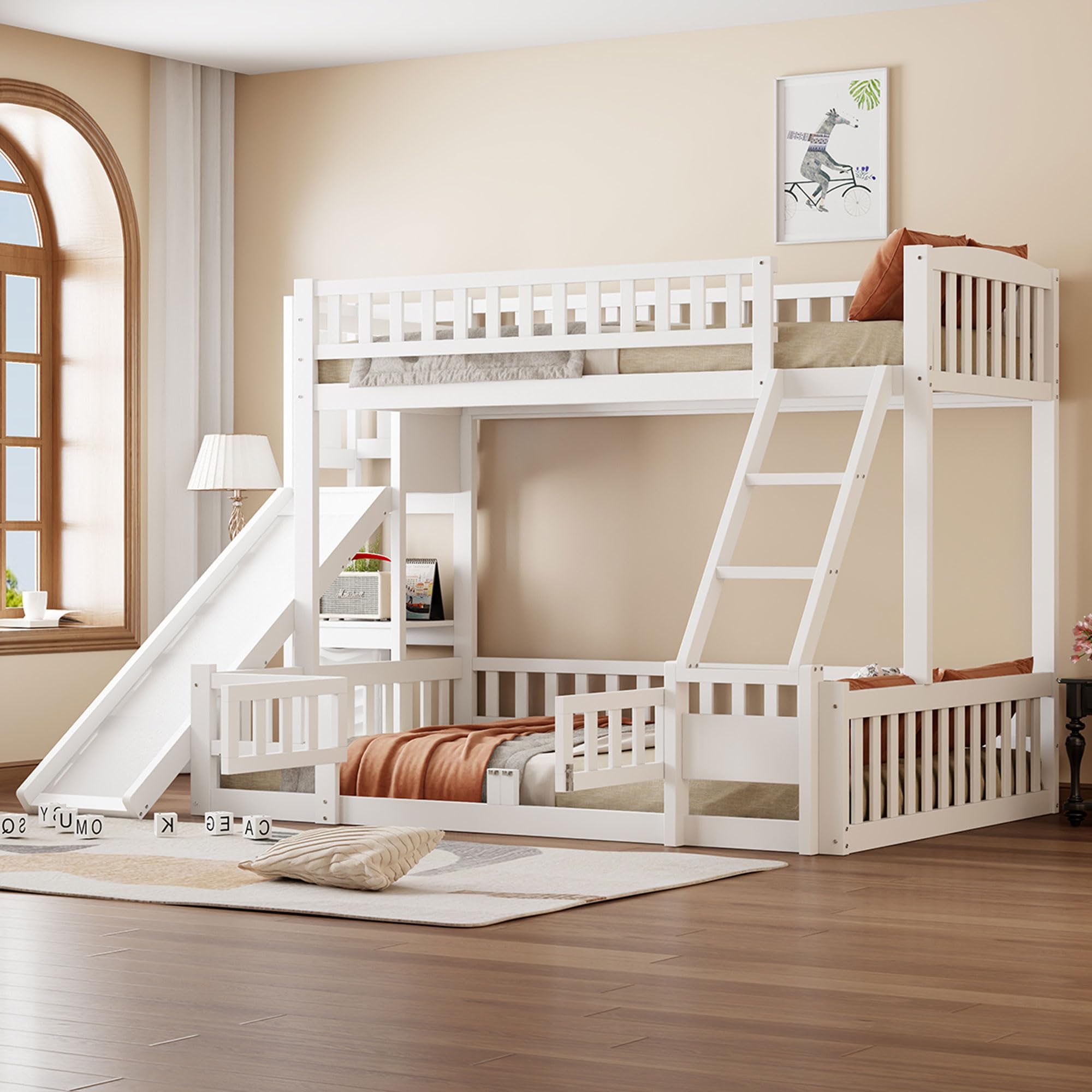 Lubvtti Litera Infantil 90/140 x 200 cm con tobogán,Cama Infantil con estantes y guías de Seguridad,Estructura Cama para niños 90/140x200 con somier de láminas,sin colchón,Blanco