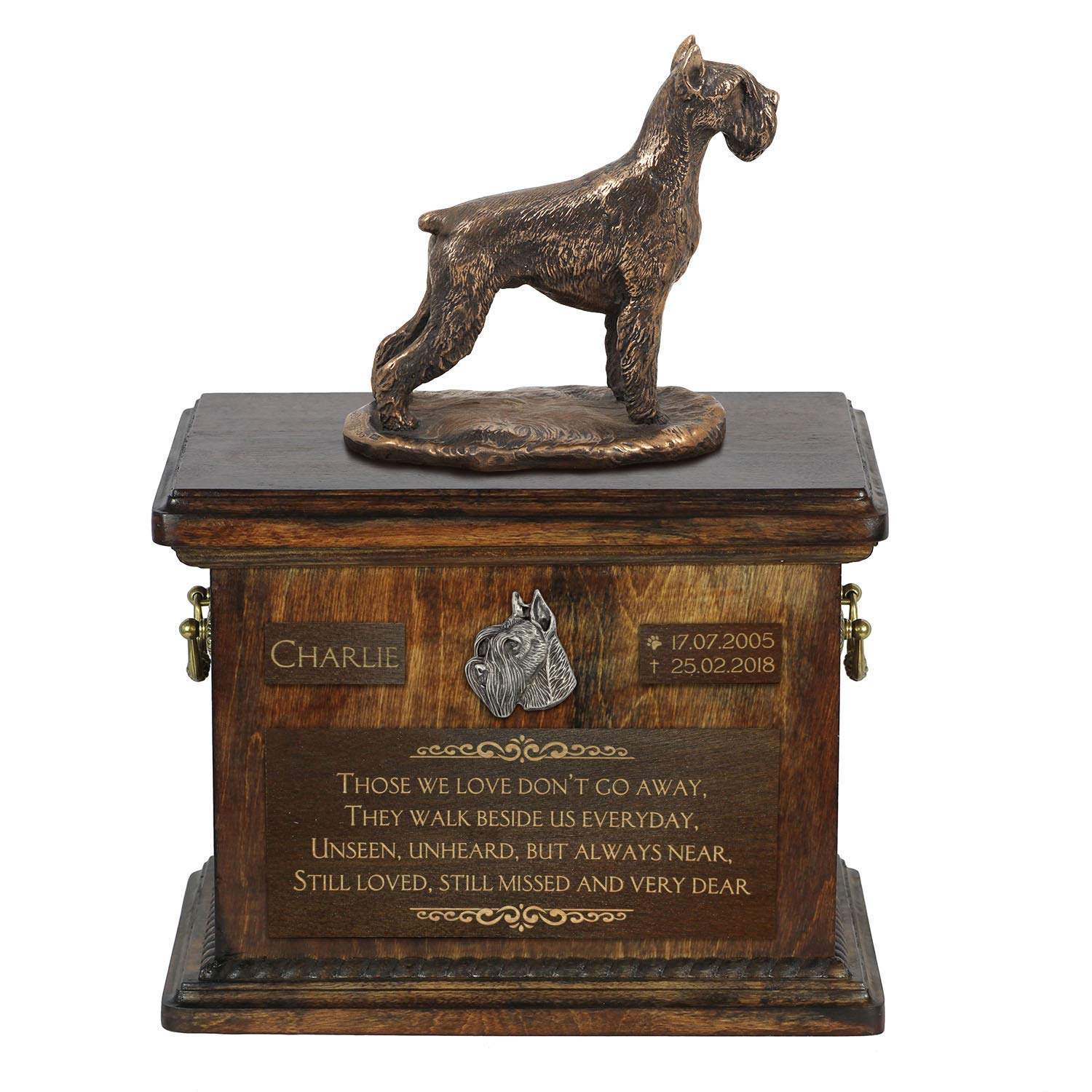 Urne chien Schnauzer en bronze et bois de bouleau pour le salon