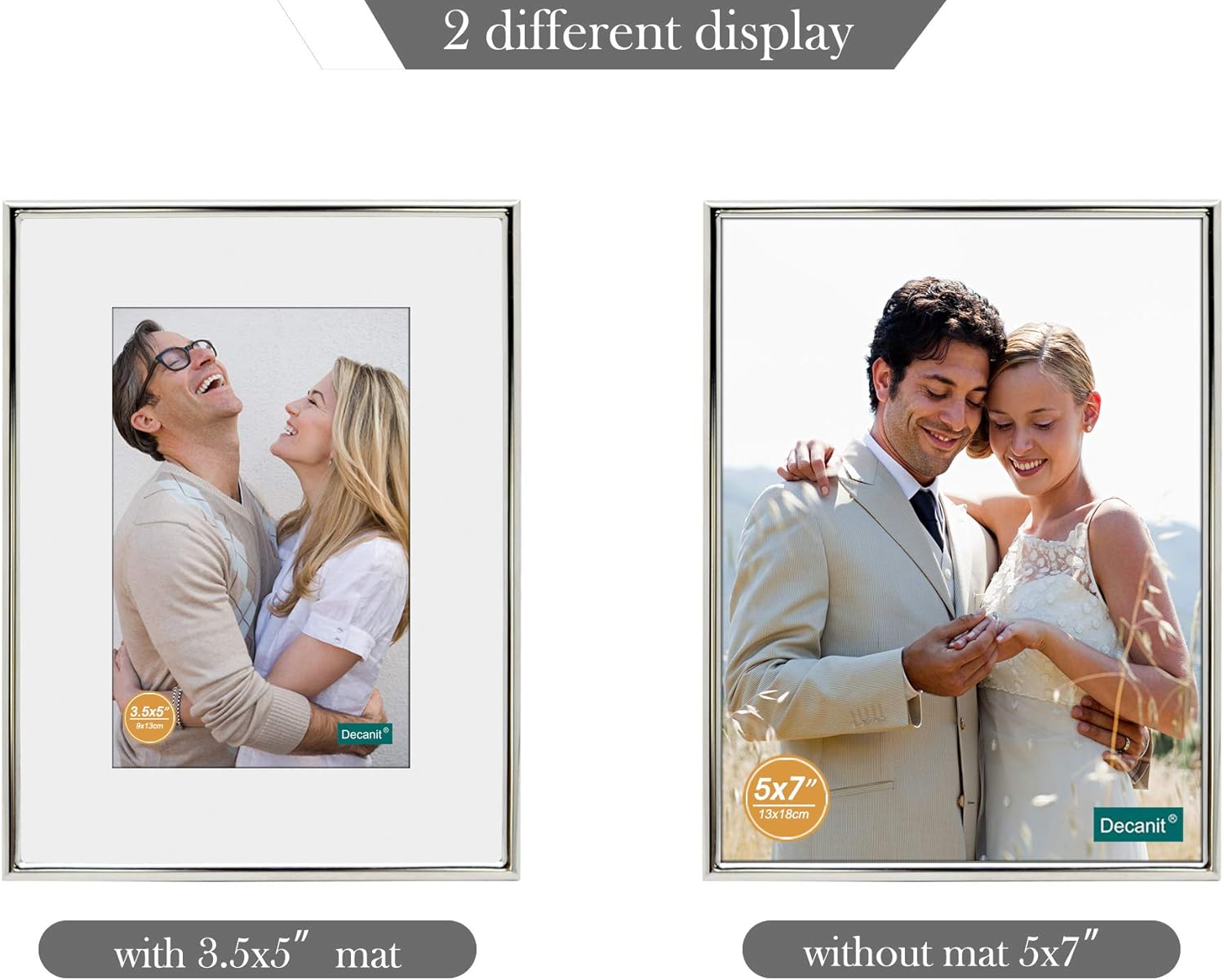 DECANIT 5x7 Picture Frame Set - Silver Metal Thin Frames for Wall or Tabletop Display of 3.5x5 Photos with Mat or 5x7 Without Mat - Gallery Wall Kit-4 Pack