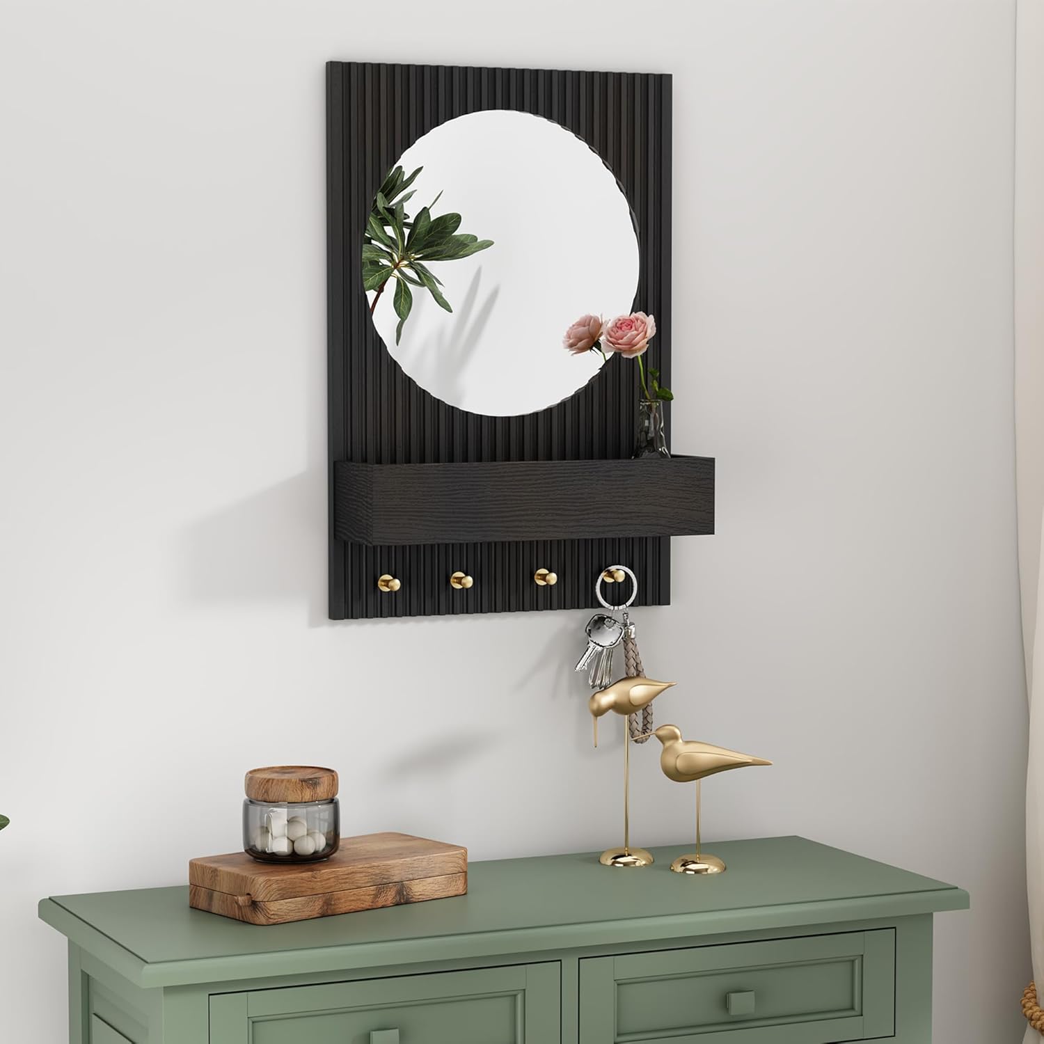 ARTPOWER Wood Wall Mirror with Shelf&Hooks, 24"x16" Black Wall-Mounted Mirrors with Streamlined Texture Hanging Decorative Modern Mirrors for Entryway, Bathroom, Bedroom, Living Room