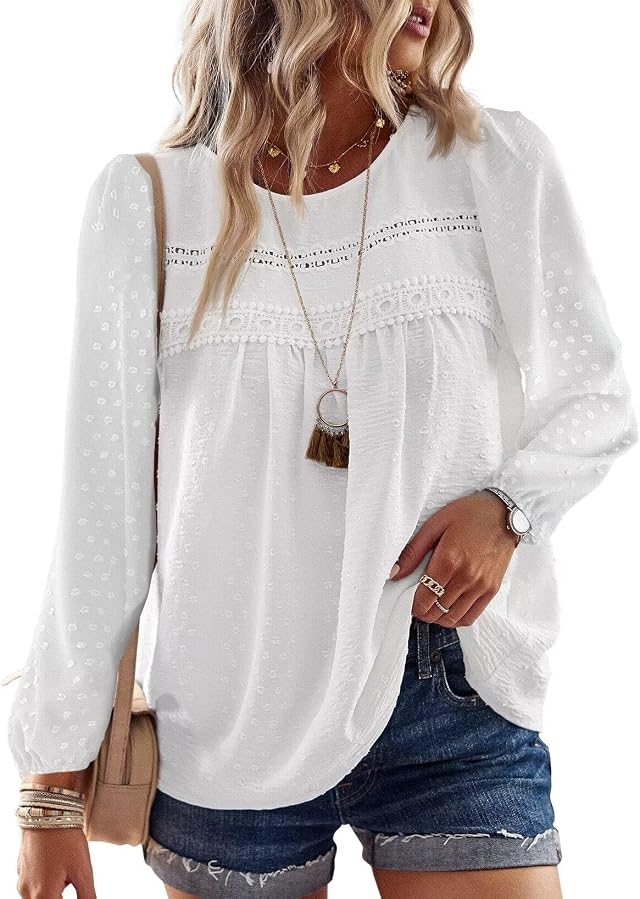 Womens Tops Autumn Round Neck Flowy Chiffon Boho Lace Tunic Shirts | Long Sleeve Tunic Tops for Women, Boho Crochet Chiffon Blouses, Flowy Lace Hem Clothing, Cute Elegant Business Peasant