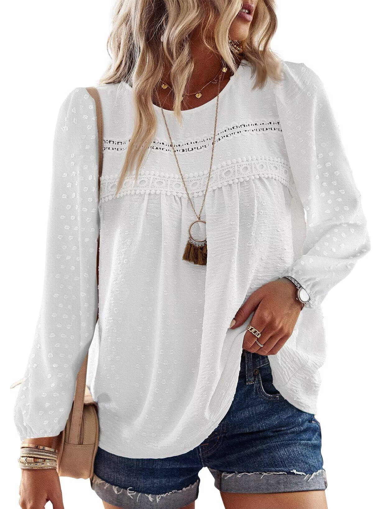 TUUHAW Langarmshirt Damen Boho Top Oberteile Fließend Elegant Frühling Herbst Tunika Rundhals T Shirt Süß Lässig Outfits Spitze Winter Kleidung