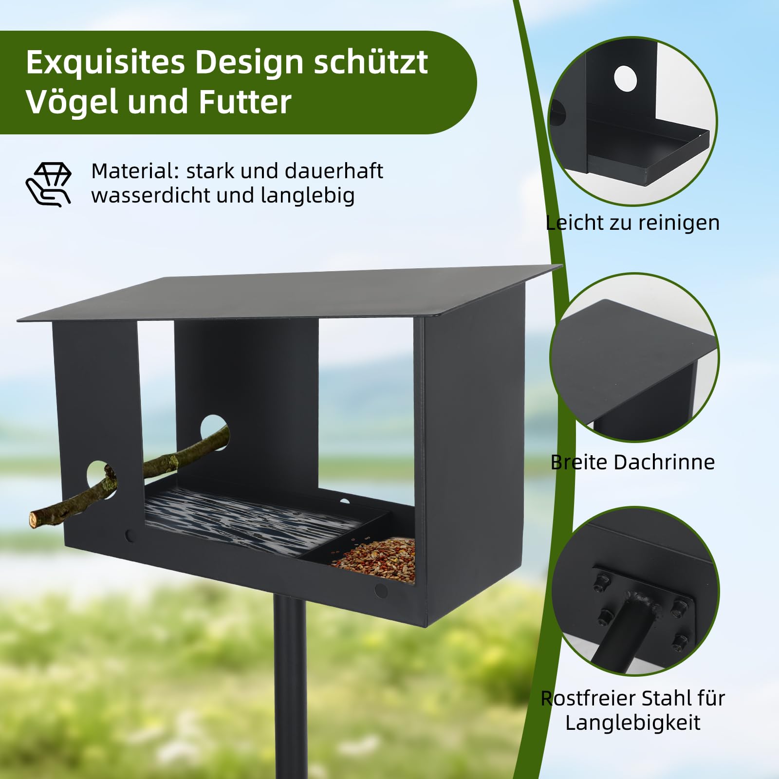 Pajarera con soporte, resistente a la intemperie, comedero para pájaros de acero inoxidable, comedero para pájaros de pie, 3 en 1, con techo de metal resistente a la intemperie, comedero para pájaros