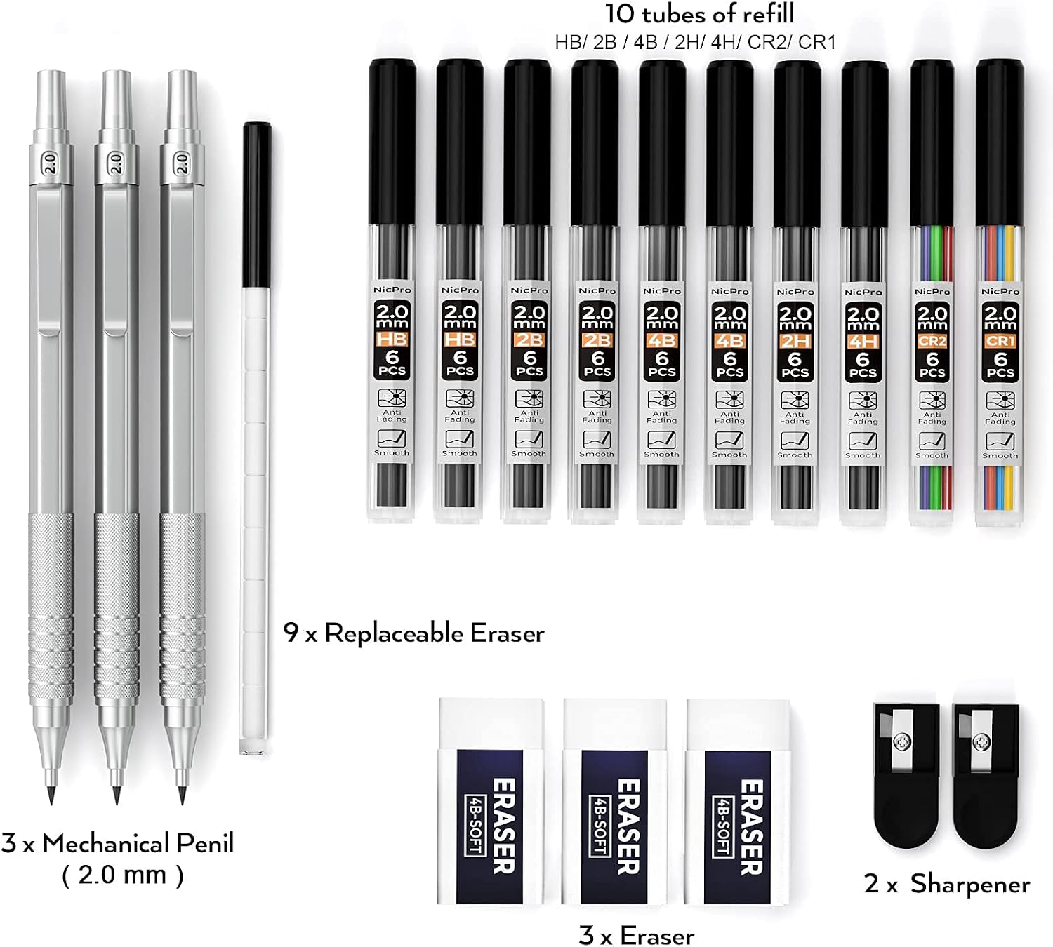 Nicpro Metal 2.0 Mechanical Pencil Set with Case, 3 PCS Drafting Lead Holder with 10 Tubes 2mm Graphite Lead Refill(HB 2H 4H 2B 4B) &Colors, Sharpeners, Erasers for Artist Writing, Drawing, Sketching