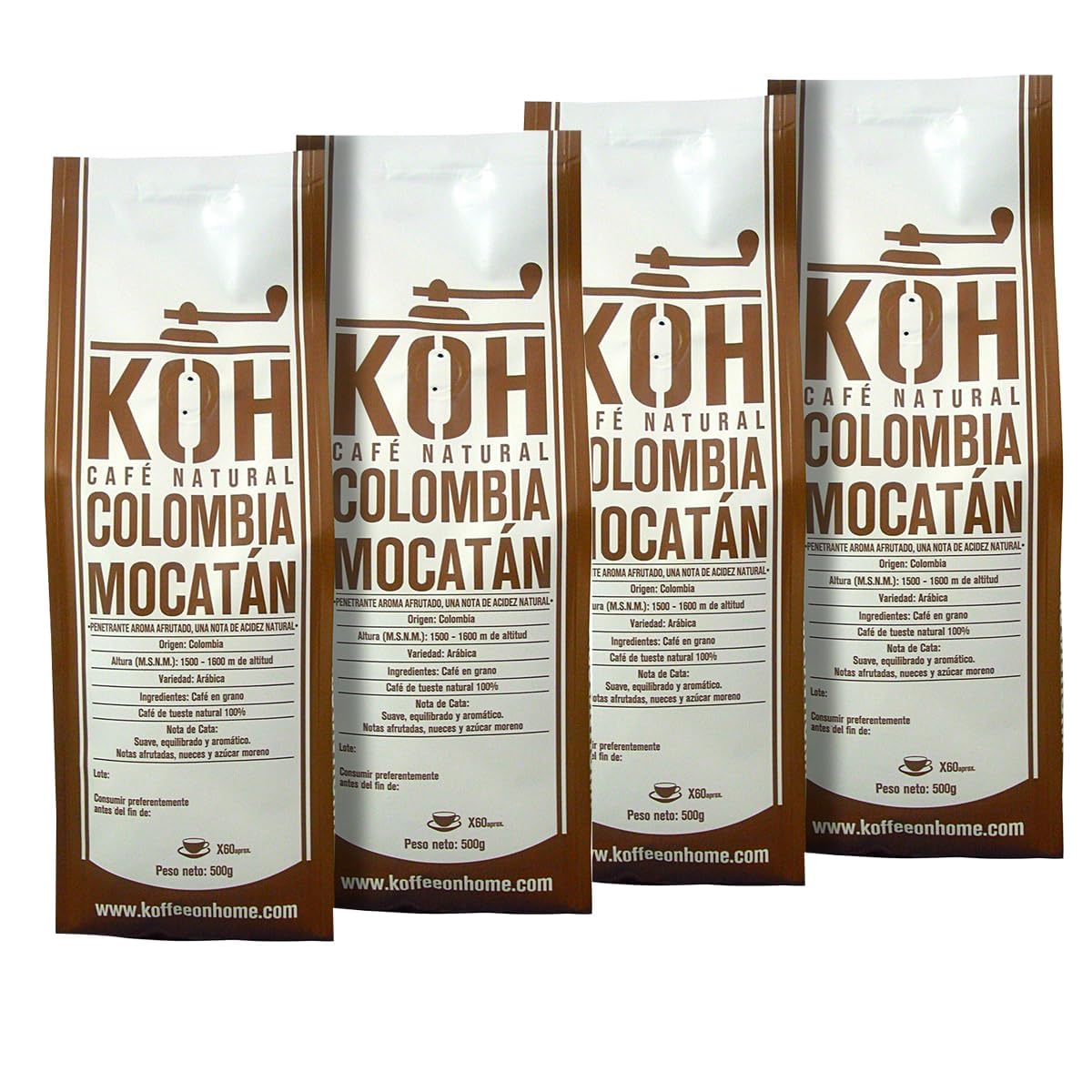 KoffeeONHOME Café en Grano 100% Arábica, Colombia Mocatán, Tueste Natural, 4 Paquetes de 500 gr - 2 Kg