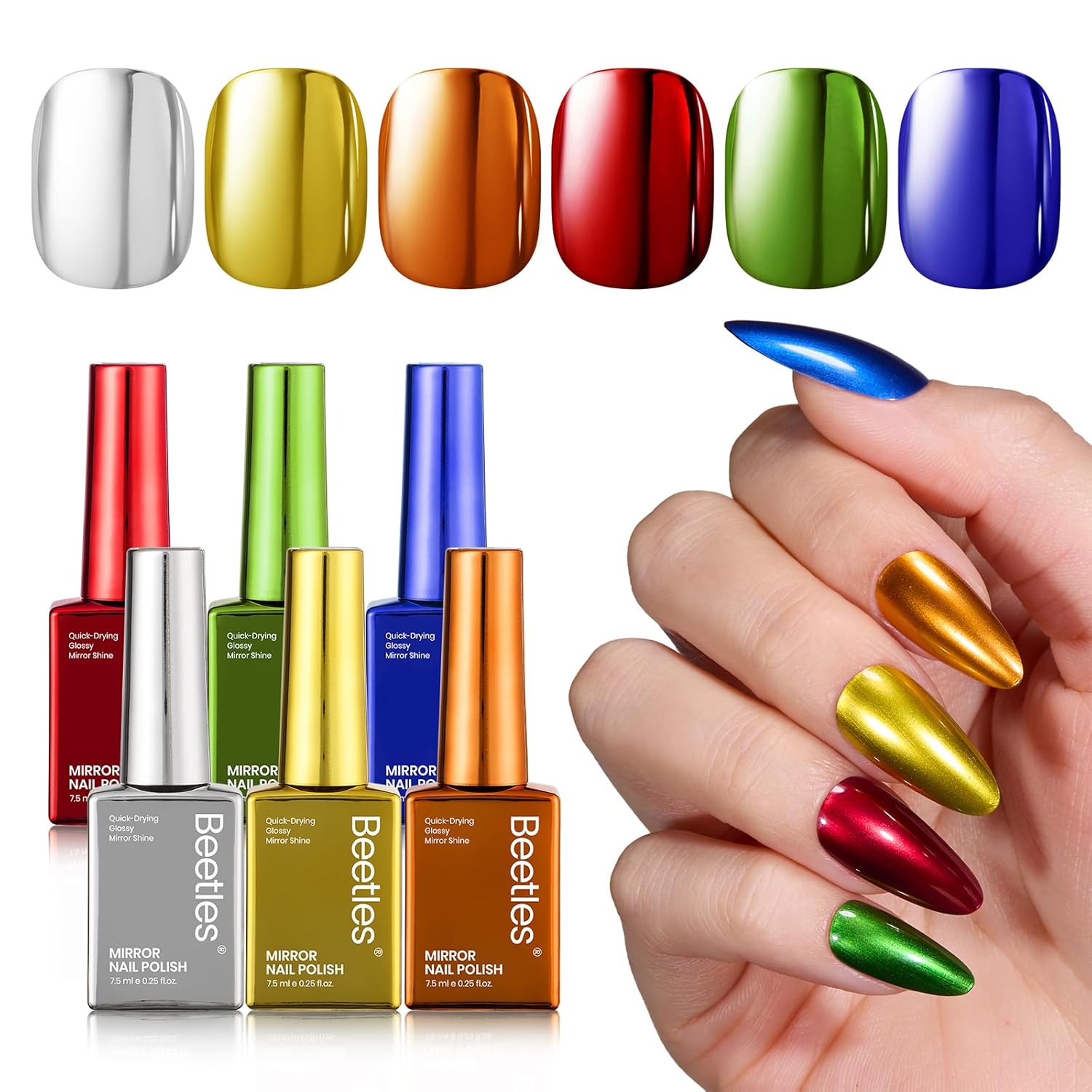 Beetles Chrome Mirror Nail Polish Set – Jingle Jewels 6 Colors Quick-Drying Glossy Metallic Nail Polish Shiny Chrome Effect Fingernail Polish DIY Nail Art Christmas Gift for Women Salon Home