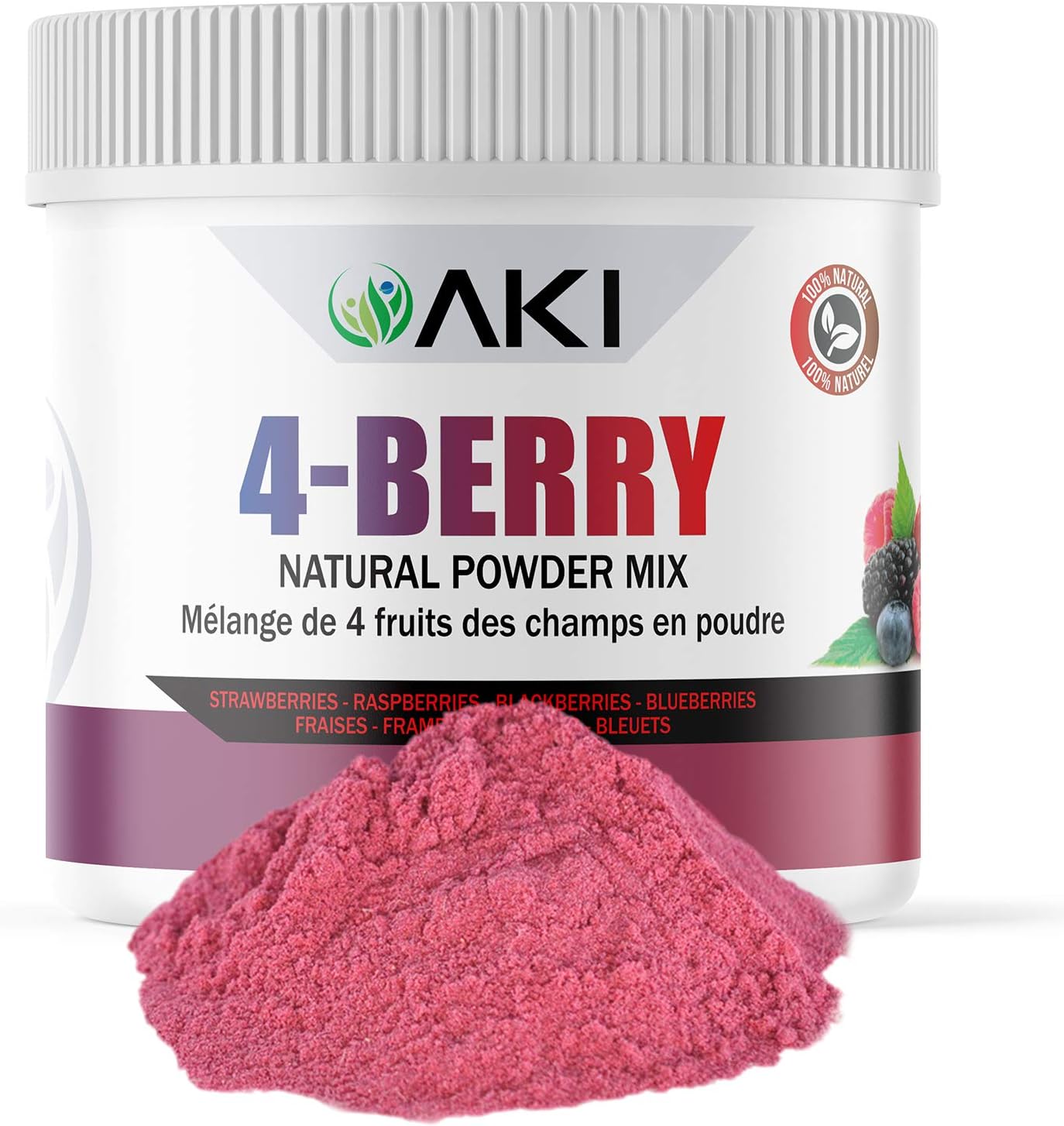 AKI 4-Berry Blend - Blueberry, Raspberry, Strawberry & Blackberry Blend Superfood (5.29oz/150g) - Rich in Vitamin C & Superior Quality Ingredients - Sugar-Free Food coloring for Smoothies, Ice Cream, Popsicles & Yogurt