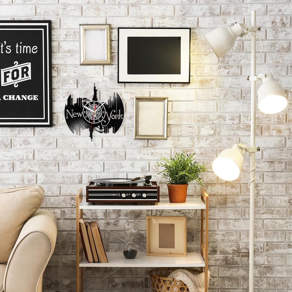 The Geeky Days New York Brooklyn Bridge Skyline Vinyl Record Wall Clock Manhattan Cityscape Home Decor Silent Movement Timepieces Battery Operated Carved Music Album Retro Longplay Art Wall Clock