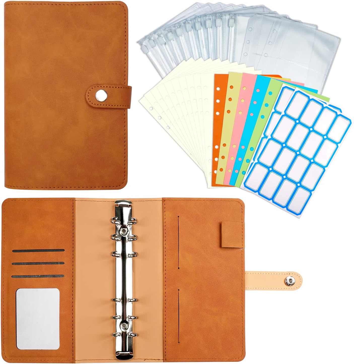Budget Binder with Cash Envelopes System, A6 PU Leather Notebook Binder with 12pcs Cash Envelope 2 Card Slots & 32 Labels, Budget/Savings Binder with Envelope System,6 Ring Binder Pockets（Brown）